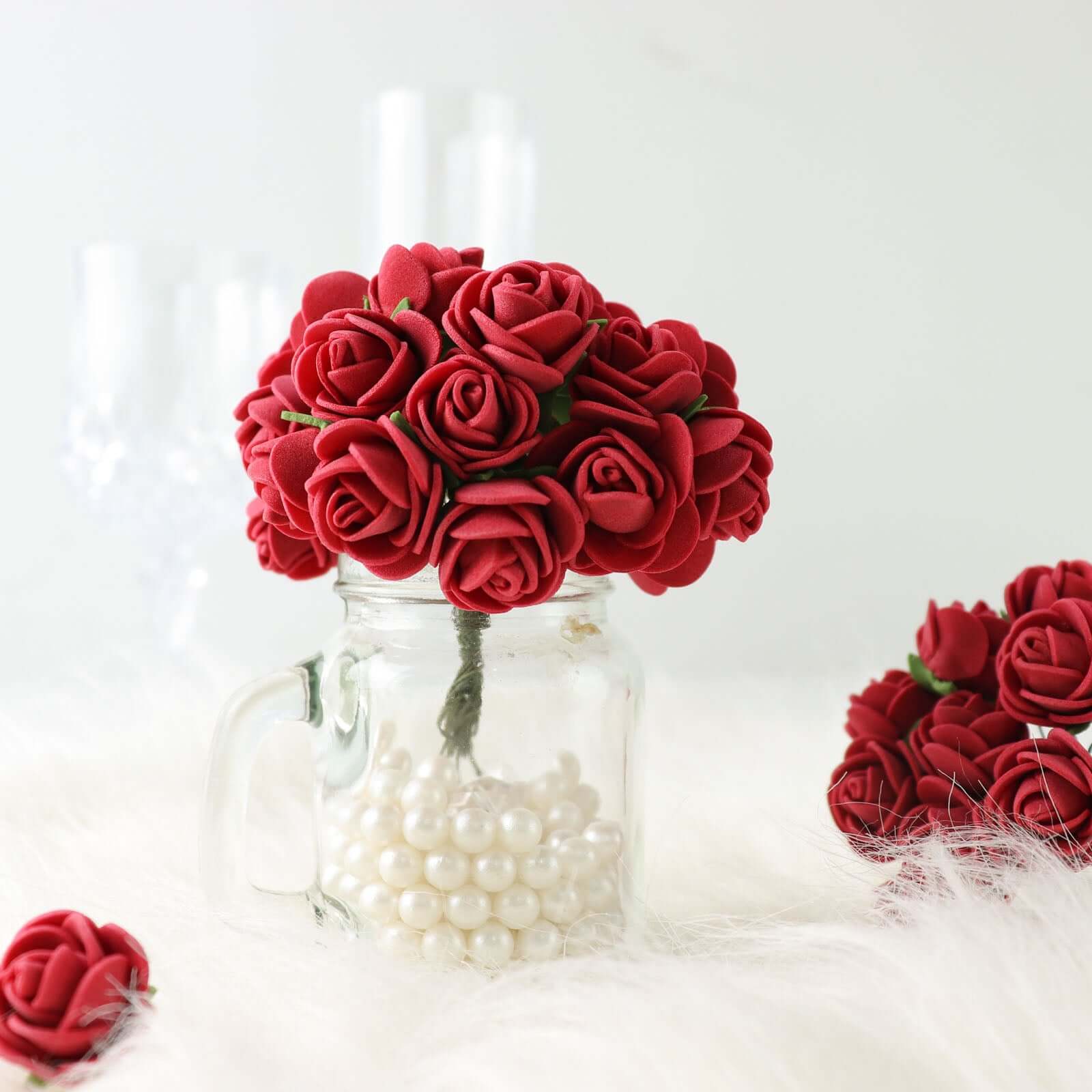 48 Roses 1" Burgundy Real Touch Artificial DIY Foam Rose Flowers With Stem, Craft Rose Buds