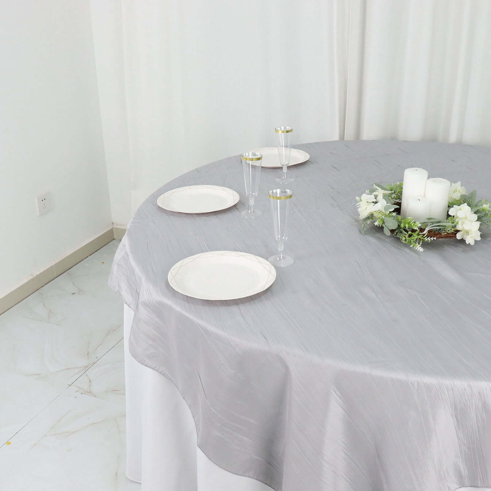 Taffeta 72"x72" Table Overlay Square Tablecloth Silver - Accordion Crinkle Table Cover