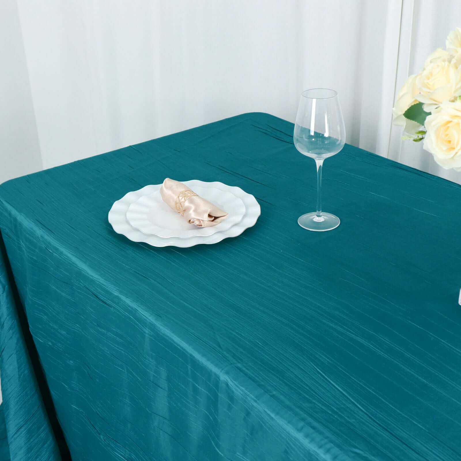 Taffeta 90"x156" Rectangle Tablecloth Teal - Accordion Crinkle Seamless Table Cover