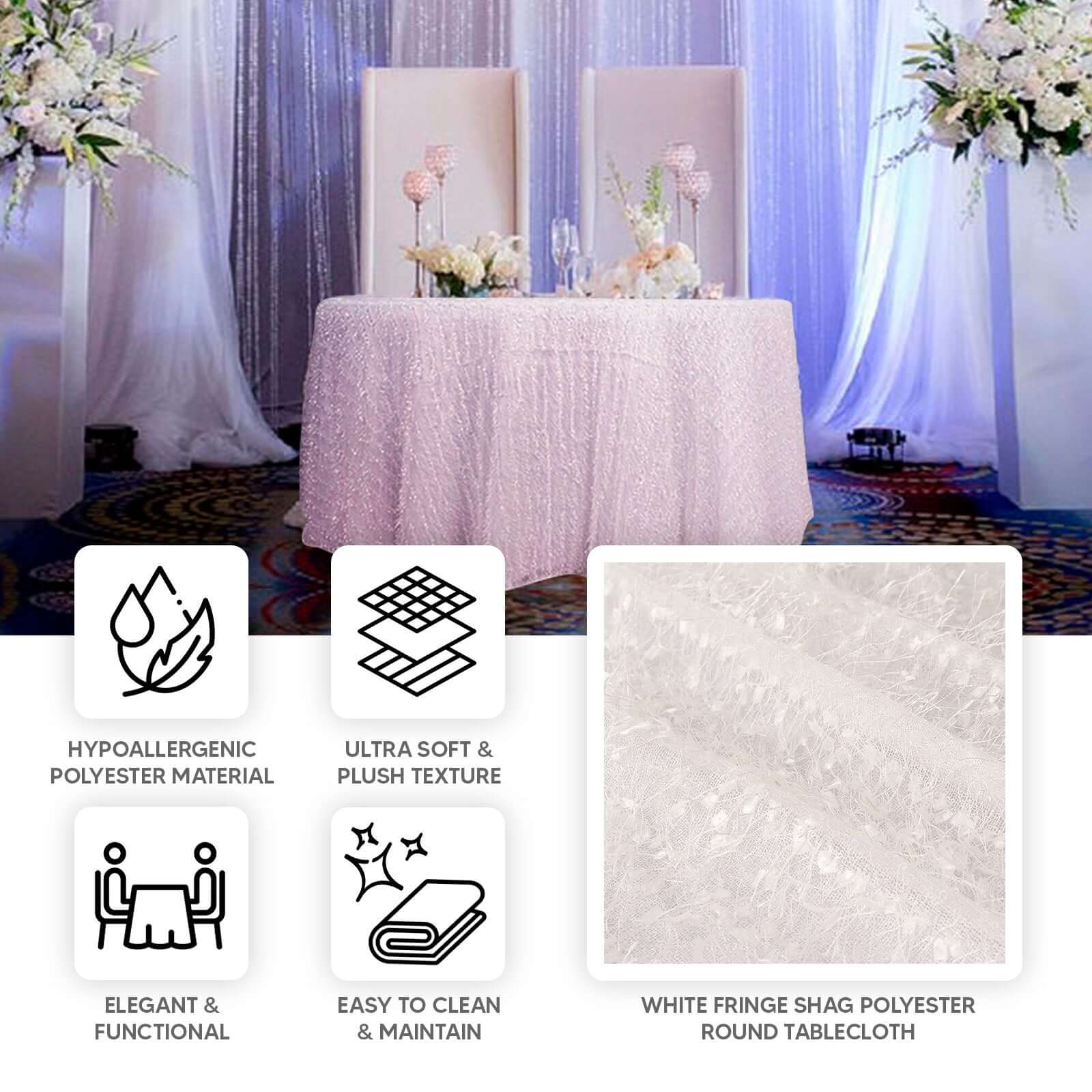 Polyester 120" Round Tablecloth White with Shaggy Fringe Design - Exquisite Table Cover
