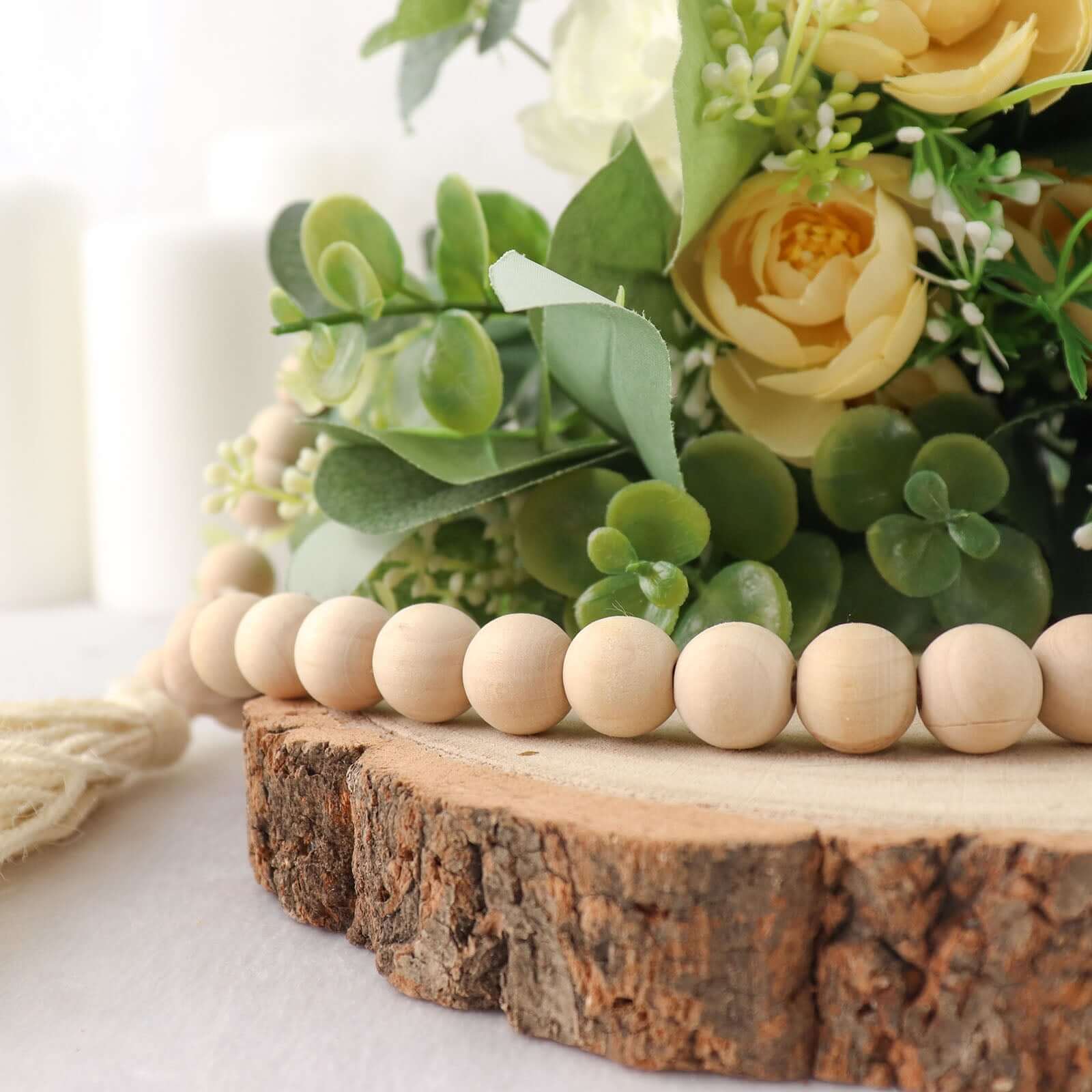 55" Cream Rustic Boho Chic Wood Bead Garland With Tassels, Farmhouse Country Wood Bead Chain