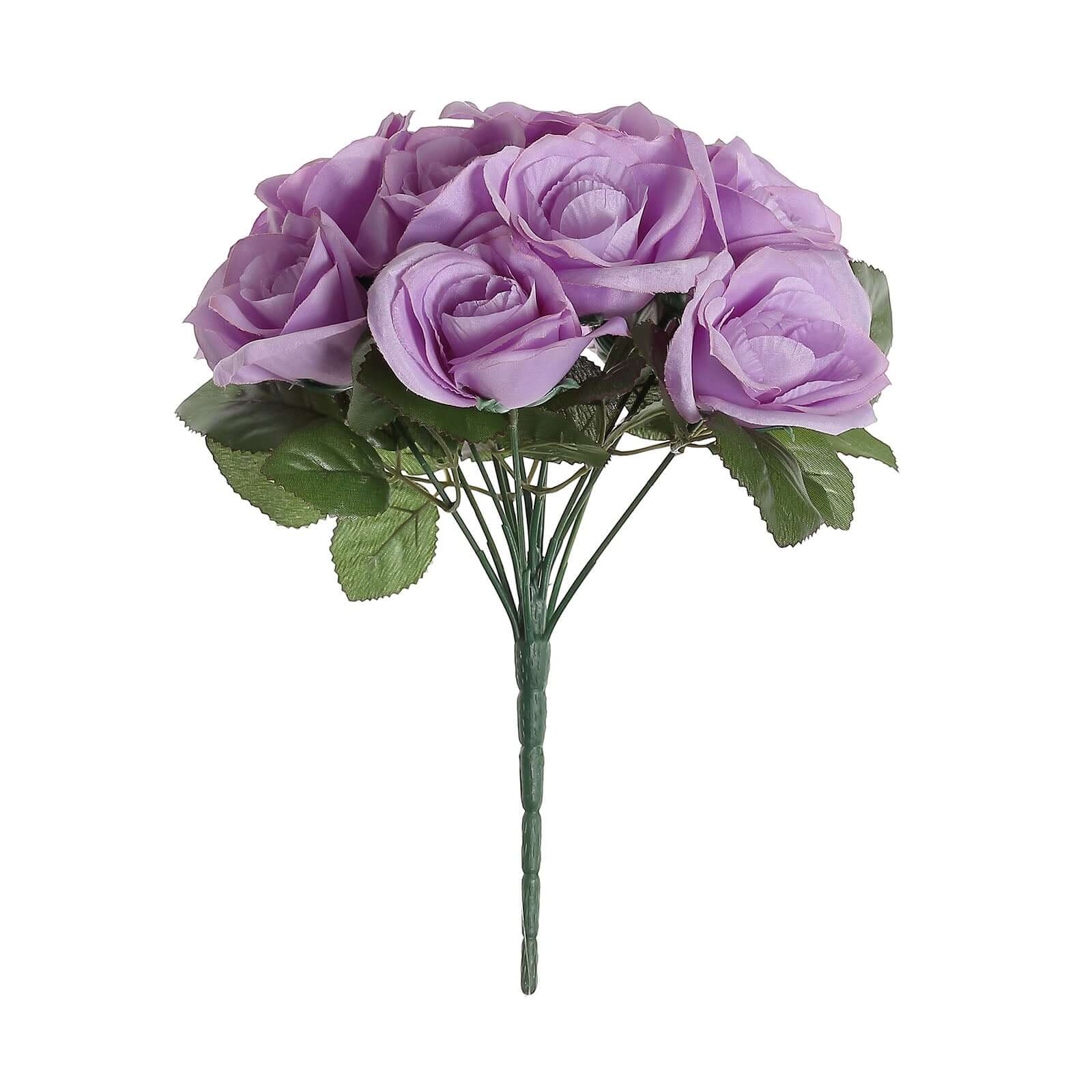 12" Lavender Lilac Artificial Velvet-Like Fabric Rose Flower Bouquet Bush