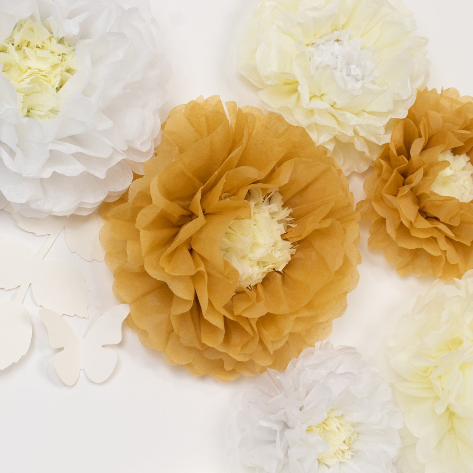 Set of 21 Tissue Paper Flowers Pom Poms Decor Kit – White Ivory 3D Chrysanth Floral Wall Decor with Butterflies & Olive Leaves - 8",10",12"