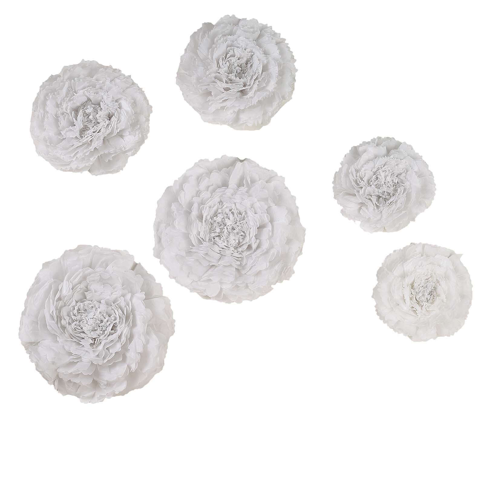 Set of 6 White Giant Carnation 3D Paper Flowers Wall Decor - 12",16",20"