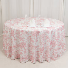 Polyester 120" Round Tablecloth White - Pink French Toile Pattern for Stylish Events