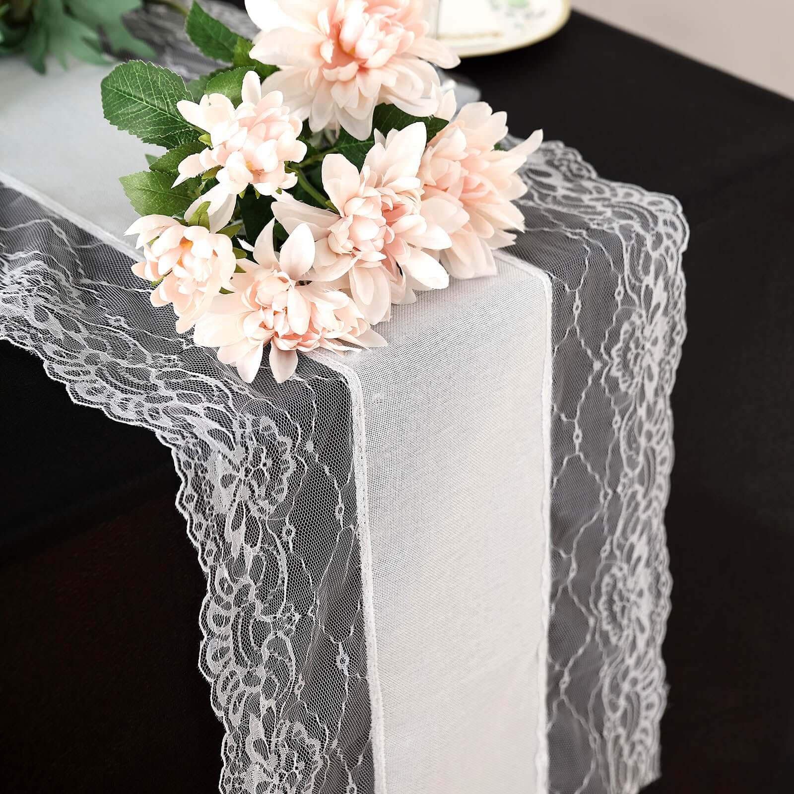 Faux Burlap Jute 16"x108" Table Runner White With Lace Edging - Rustic Farmhouse Table Linen