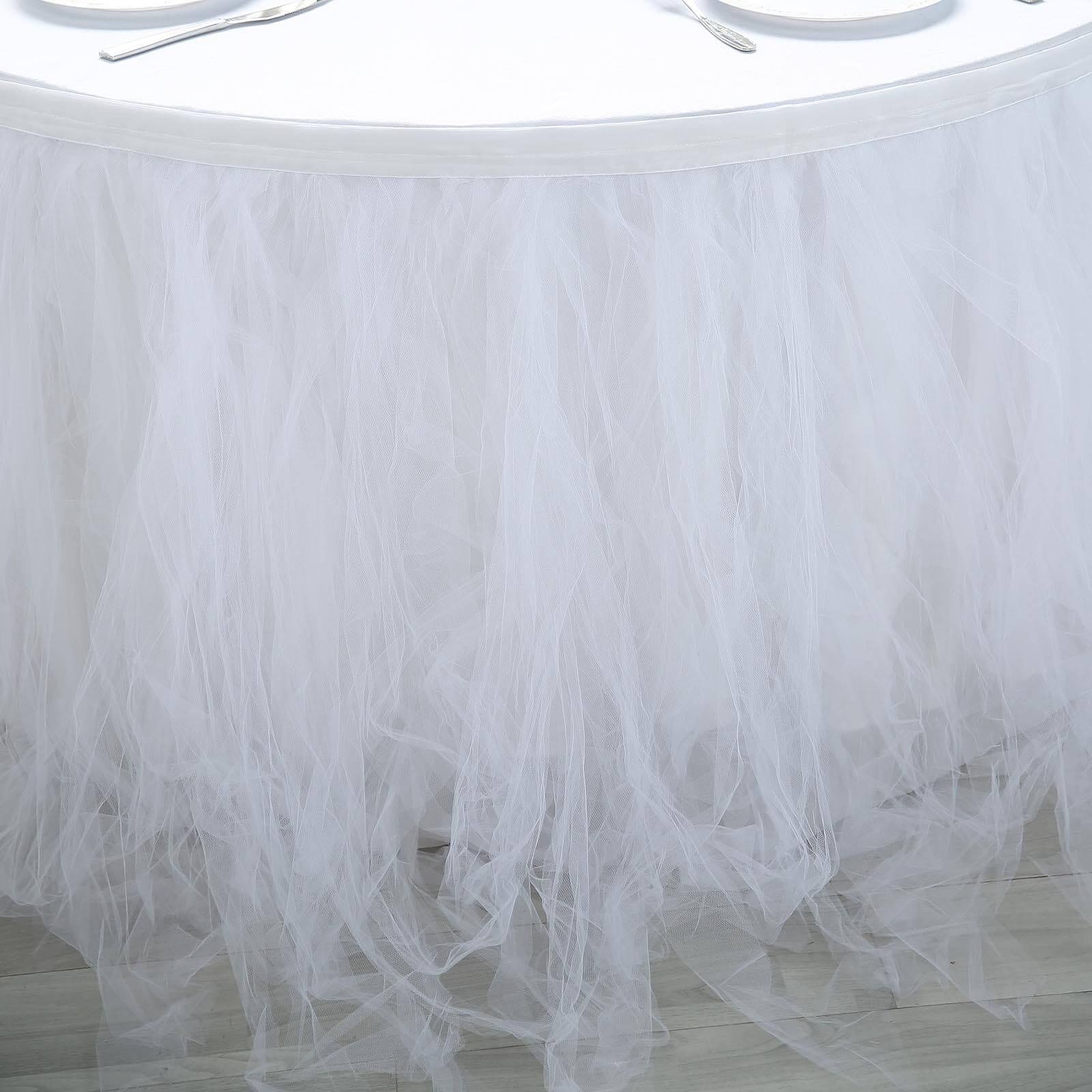 Tulle 21ft Table Skirt White - 4 Layer Pleated Tutu Chic & Soft Event Table Cover
