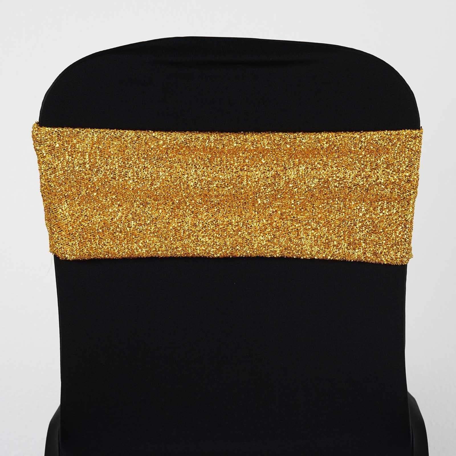 5 Pack Metallic Shimmer Tinsel Spandex Chair Sashes Gold - Durable and Reusable Stretch Chair Bands for Dazzling Event & Party Decor
