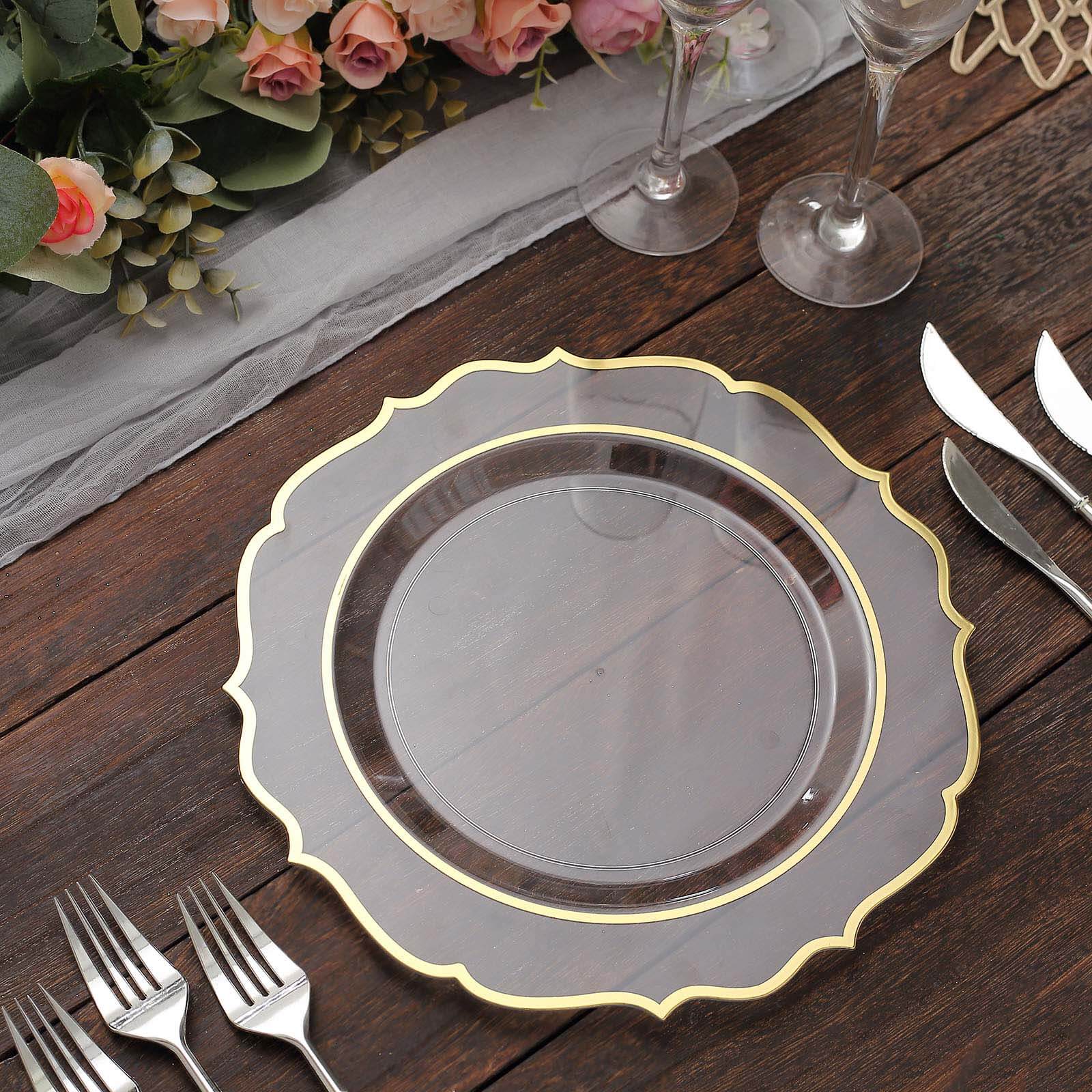 10-Pack Plastic 10" Round Dinner Plates in Clear with Gold Scalloped Rim - Disposable Party Plates
