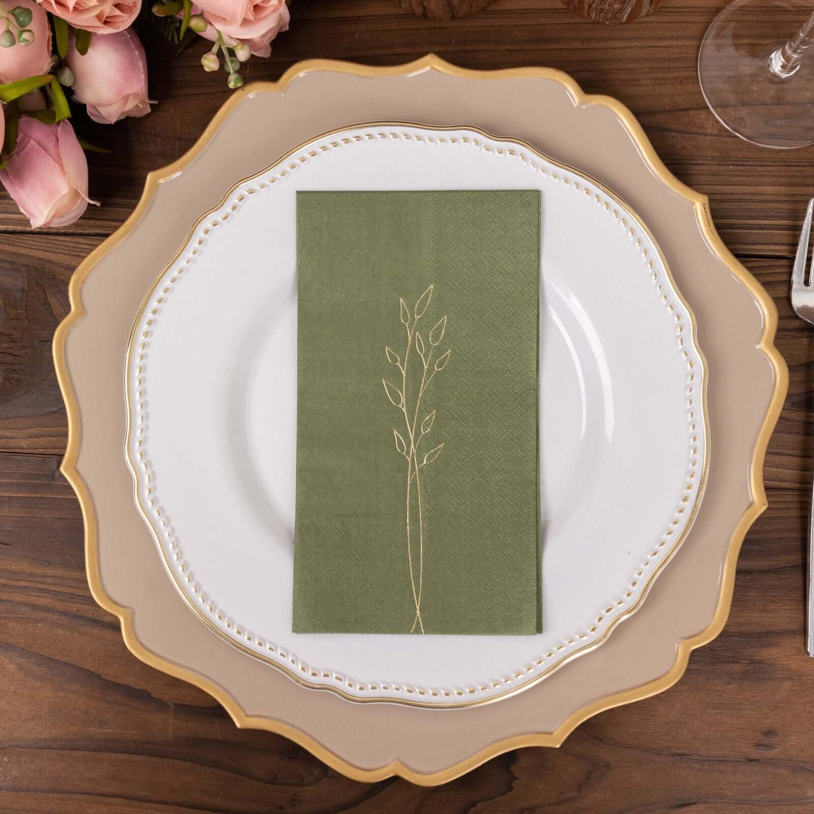 50-Pack Paper Dinner Napkins Dusty Sage Green with Gold Embossed Leaf - Stylish 2-Ply Disposable Napkins for Weddings 18GSM