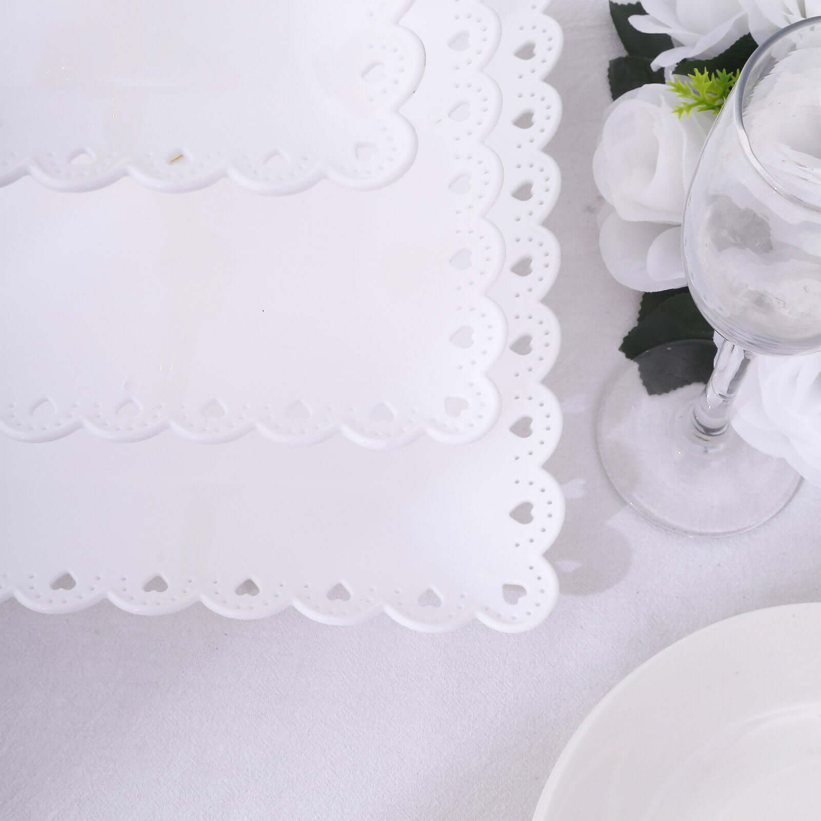 3-Tier Plastic Square Cupcake Stand Tower White - Charming Disposable Dessert Display Serving Tray Platter with Heart Wavy Edge & Gold Top Handle for Tea Parties Weddings & Special Occasions 13"