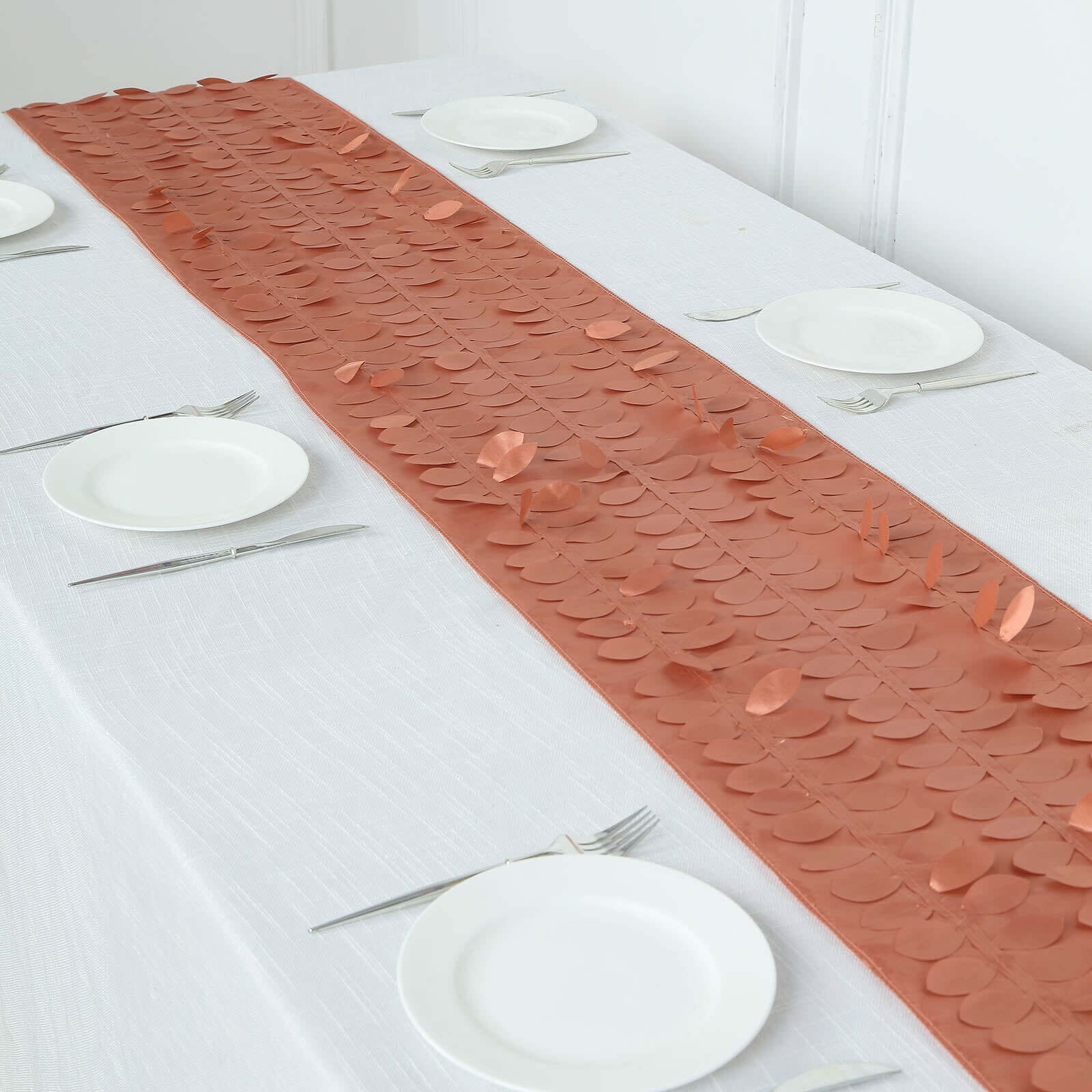 Taffeta Fabric 12"x108" Table Runner Terracotta (Rust) - 3D Leaf Petal Design