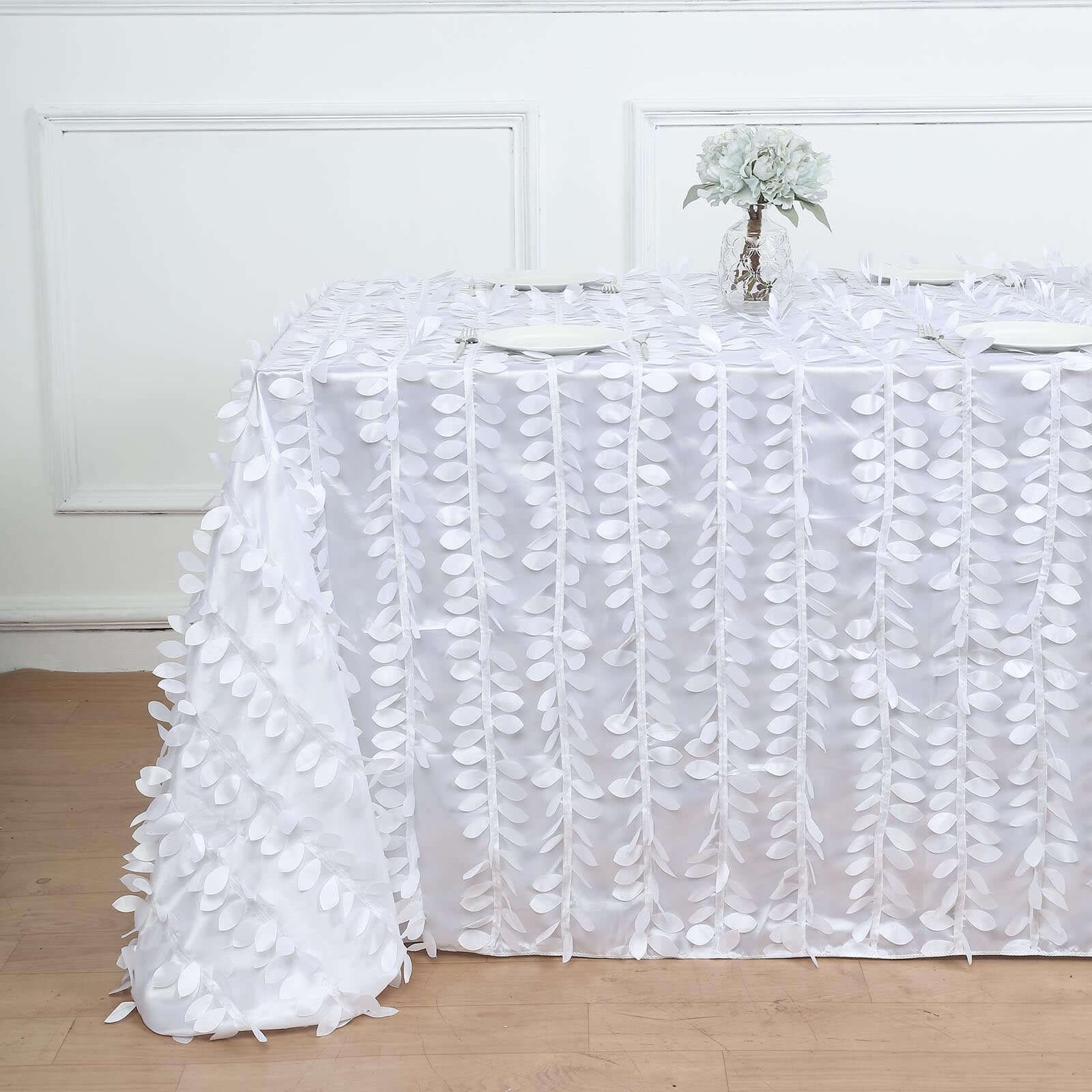 Taffeta 90"x132" Rectangle Tablecloth White | 3D Leaf Petal Design Seamless Table Cover for Stylish Wedding & Event Decor
