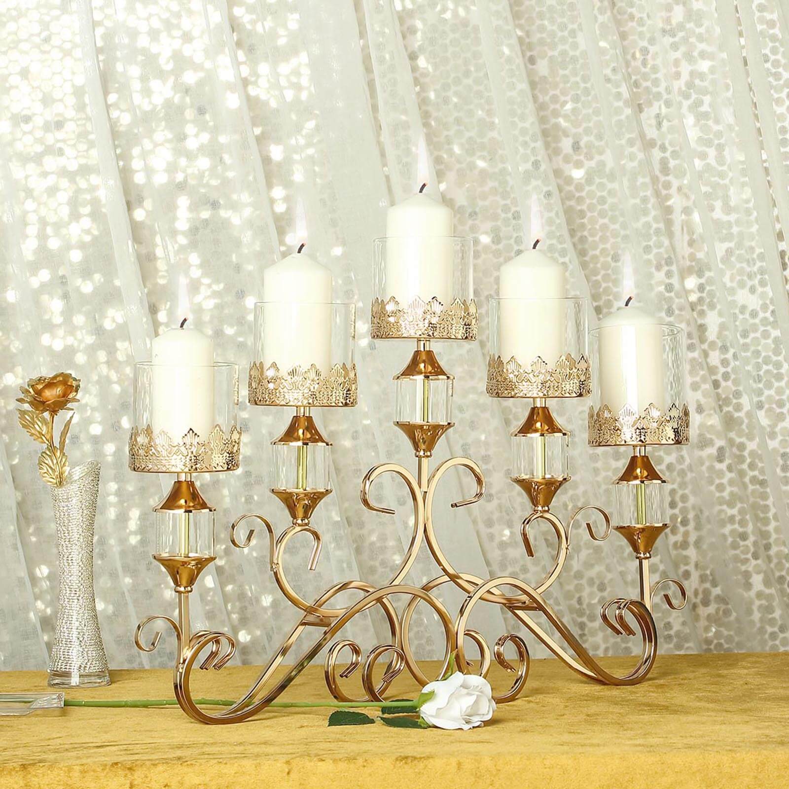 5-Arm Metal Table Candelabra Antique Gold Crown Top Design - Stylish Horizontal Table Centerpiece with Glass Votive Holders 18"