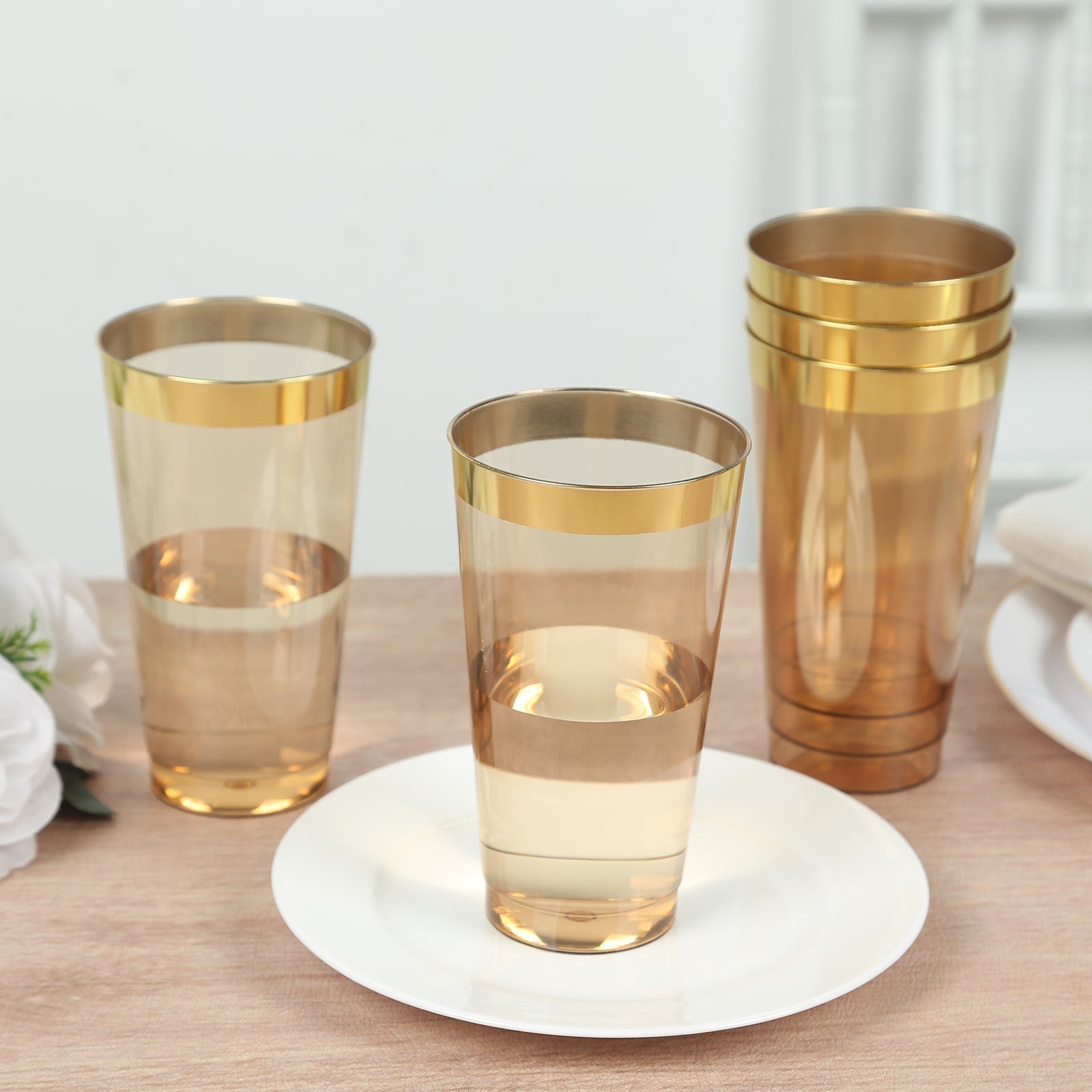 12-Pack Plastic Party Cups Transparent Amber Gold with Gold Rim - Durable Disposable Tumblers for Drinks 17oz 5.5"