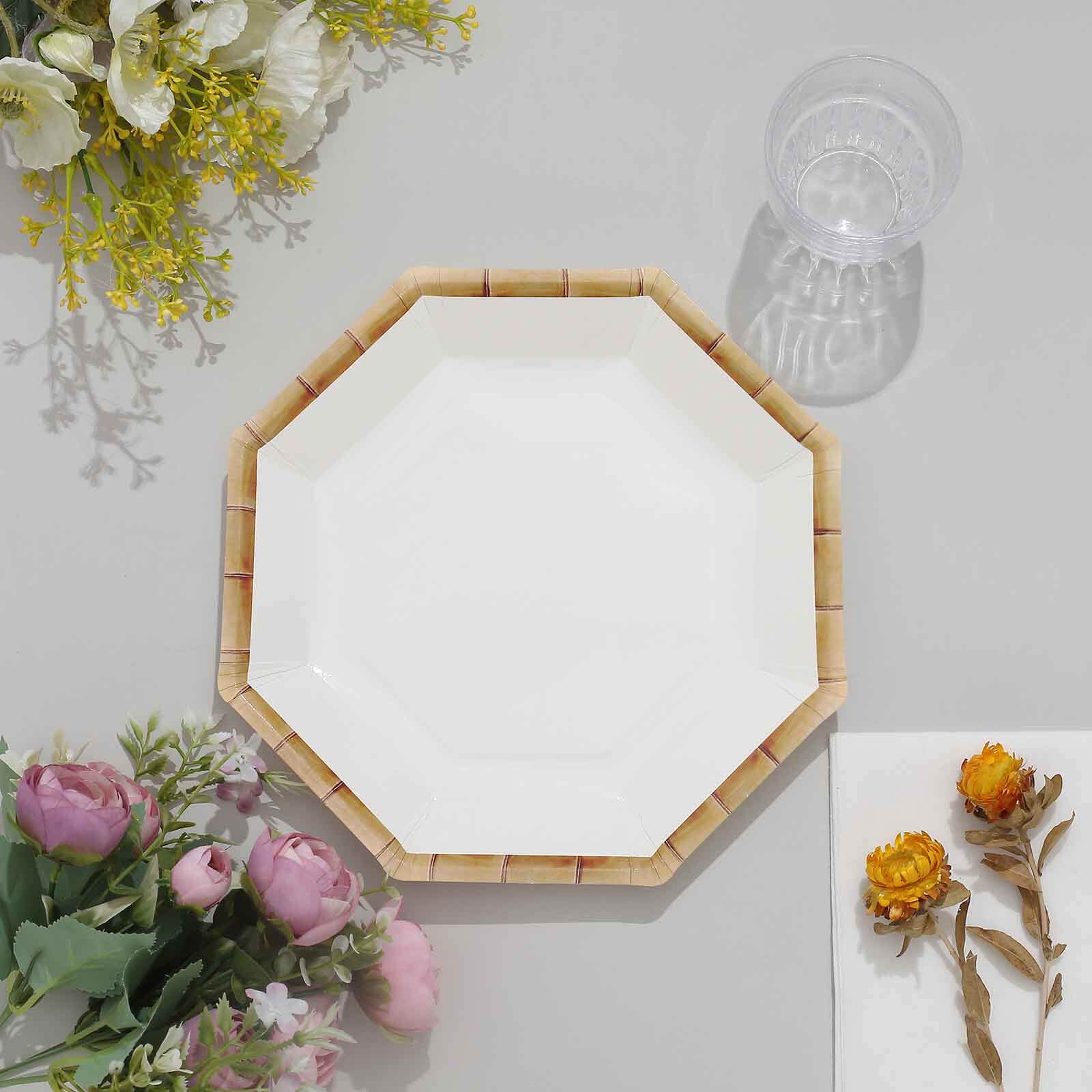 25-Pack Paper 9" Octagonal Dinner Plates in White with Bamboo Print Rim - Disposable Geometric Party Plates for Tropical & Beach Themed Celebrations