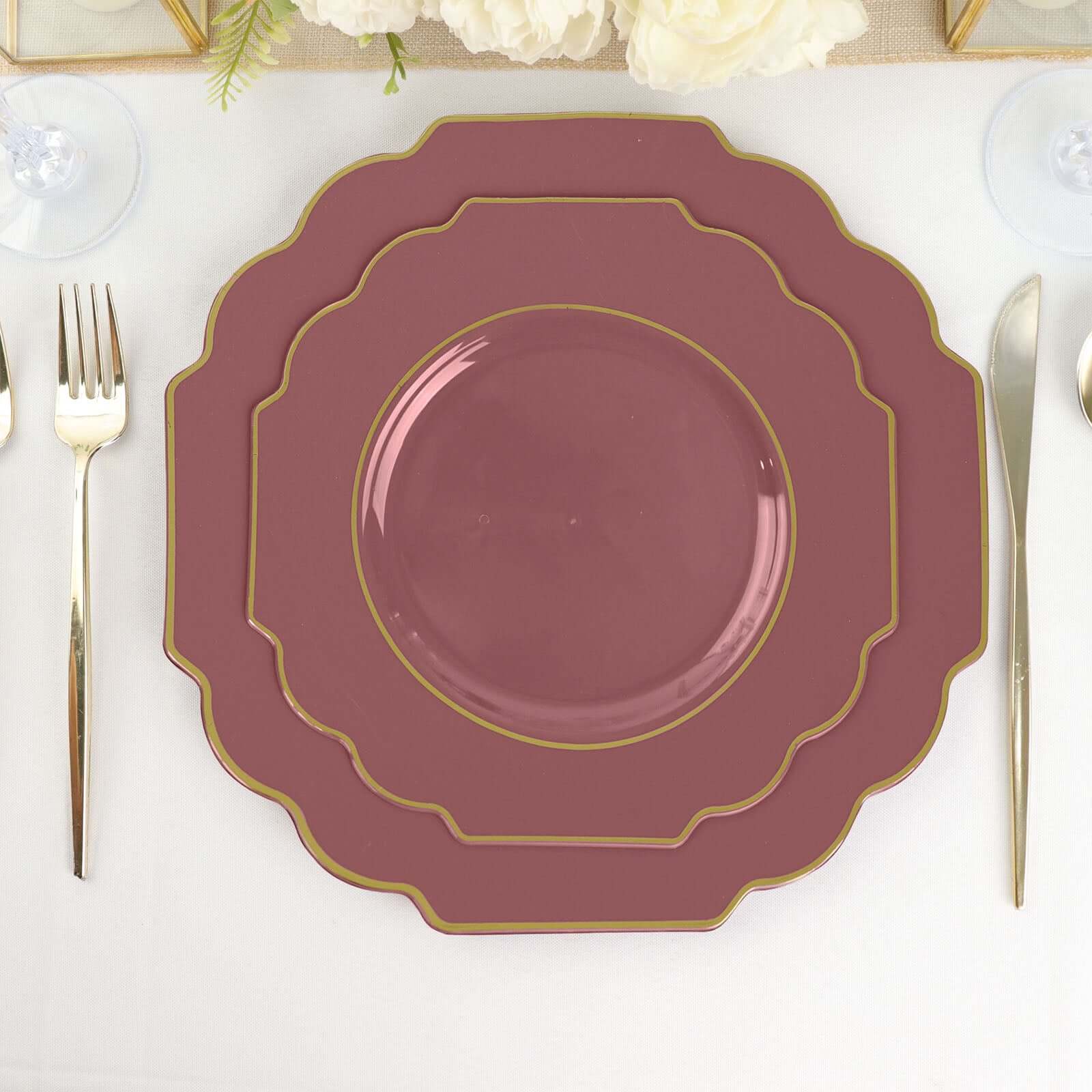 10-Pack Plastic Dessert Appetizer Plates in Cinnamon Rose Baroque Design with Scalloped Gold Rim - Heavy Duty Disposable Salad Plates 8"