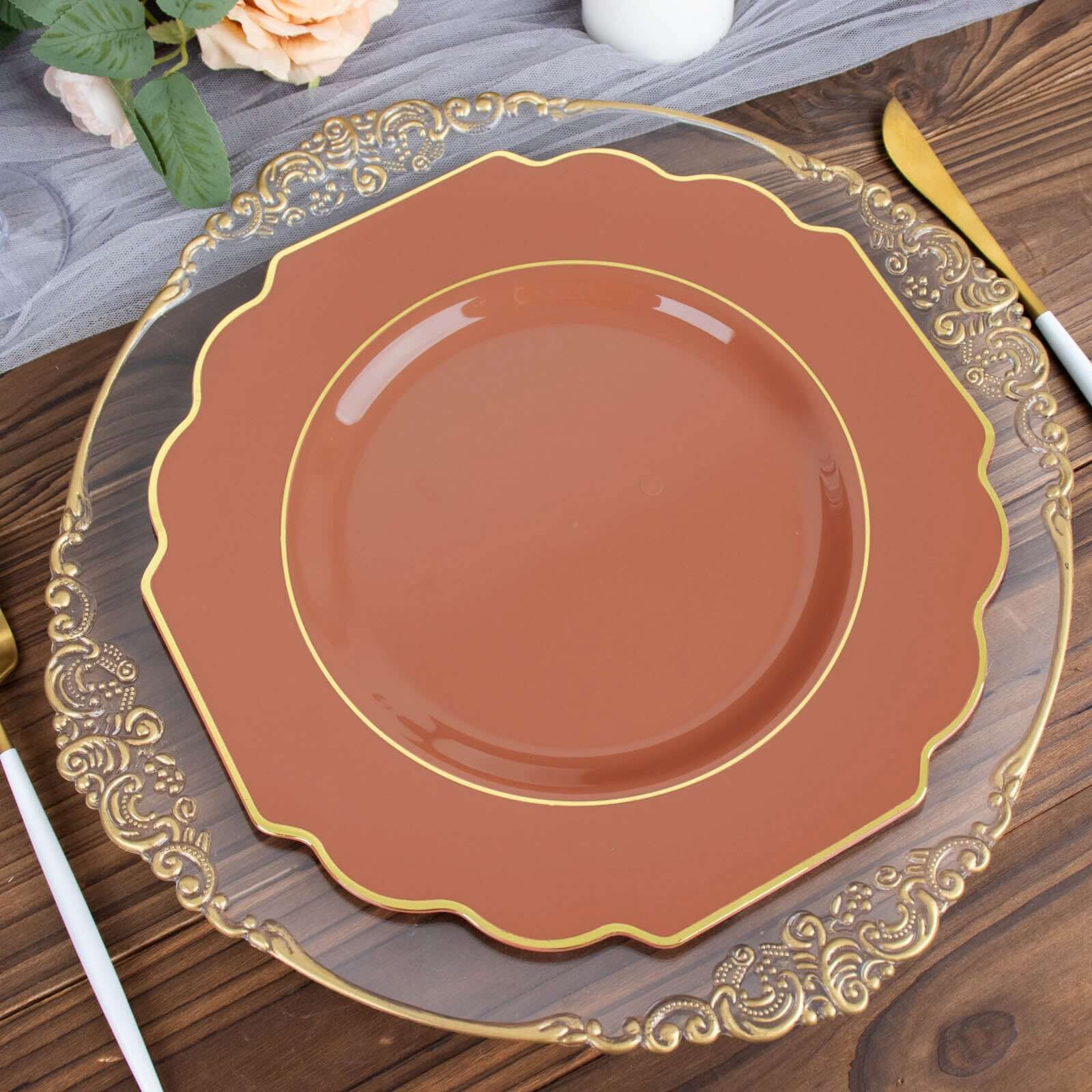 10-Pack Plastic Dinner Plates in Terracotta (Rust) Baroque Design with Scalloped Gold Rim - Heavy Duty Disposable Party Plates 11"