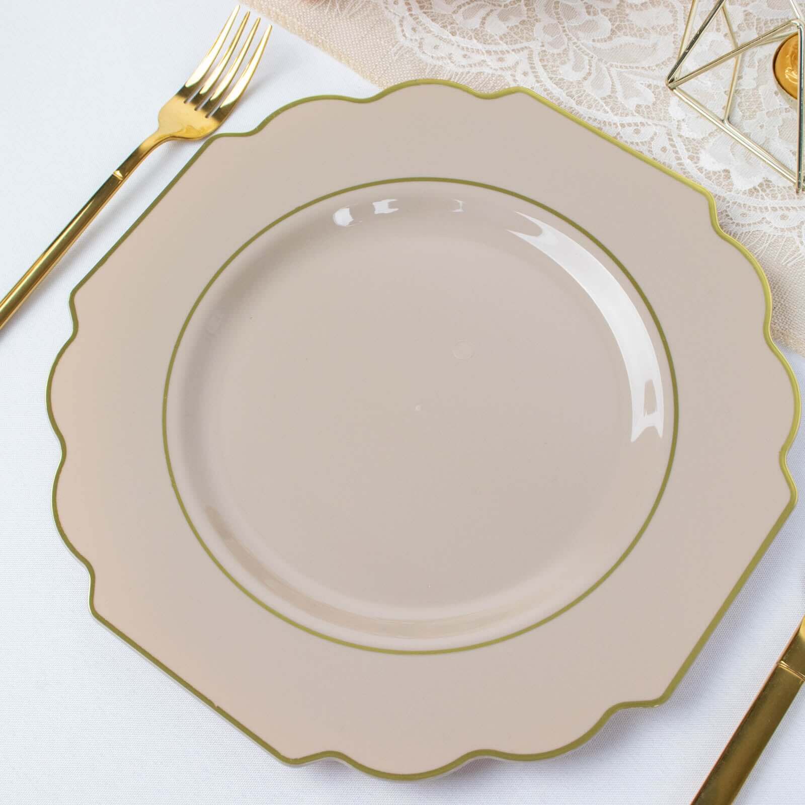 10-Pack Plastic Dinner Plates in Taupe Baroque Design with Scalloped Gold Rim - Heavy Duty Disposable Party Plates 11"
