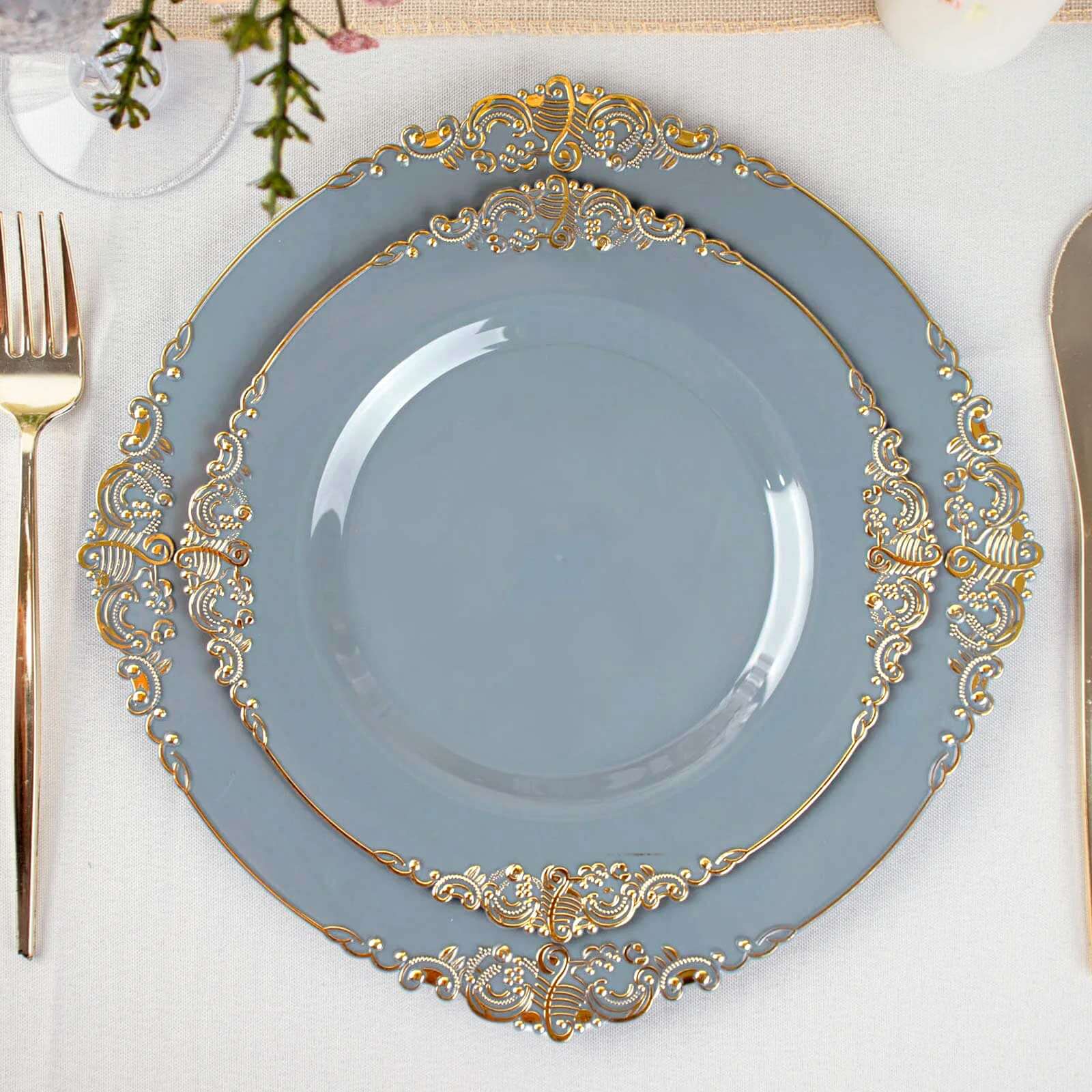 10-Pack Plastic 8" Round Dessert Plates in Dusty Blue with Gold Leaf Embossed Rim - Disposable Vintage Baroque Style Salad Plates