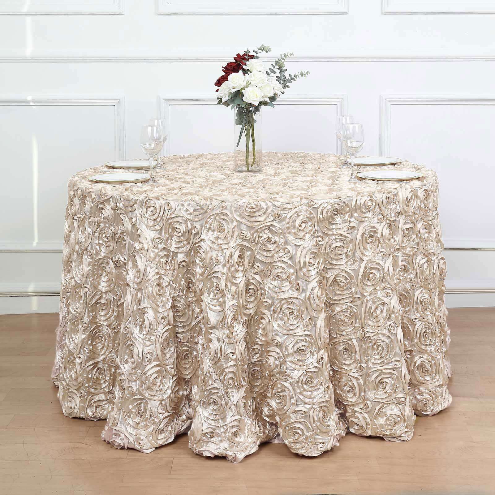 Satin 120" Round Tablecloth Beige - Grandiose 3D Rosette with Seamless Finish Table Cover