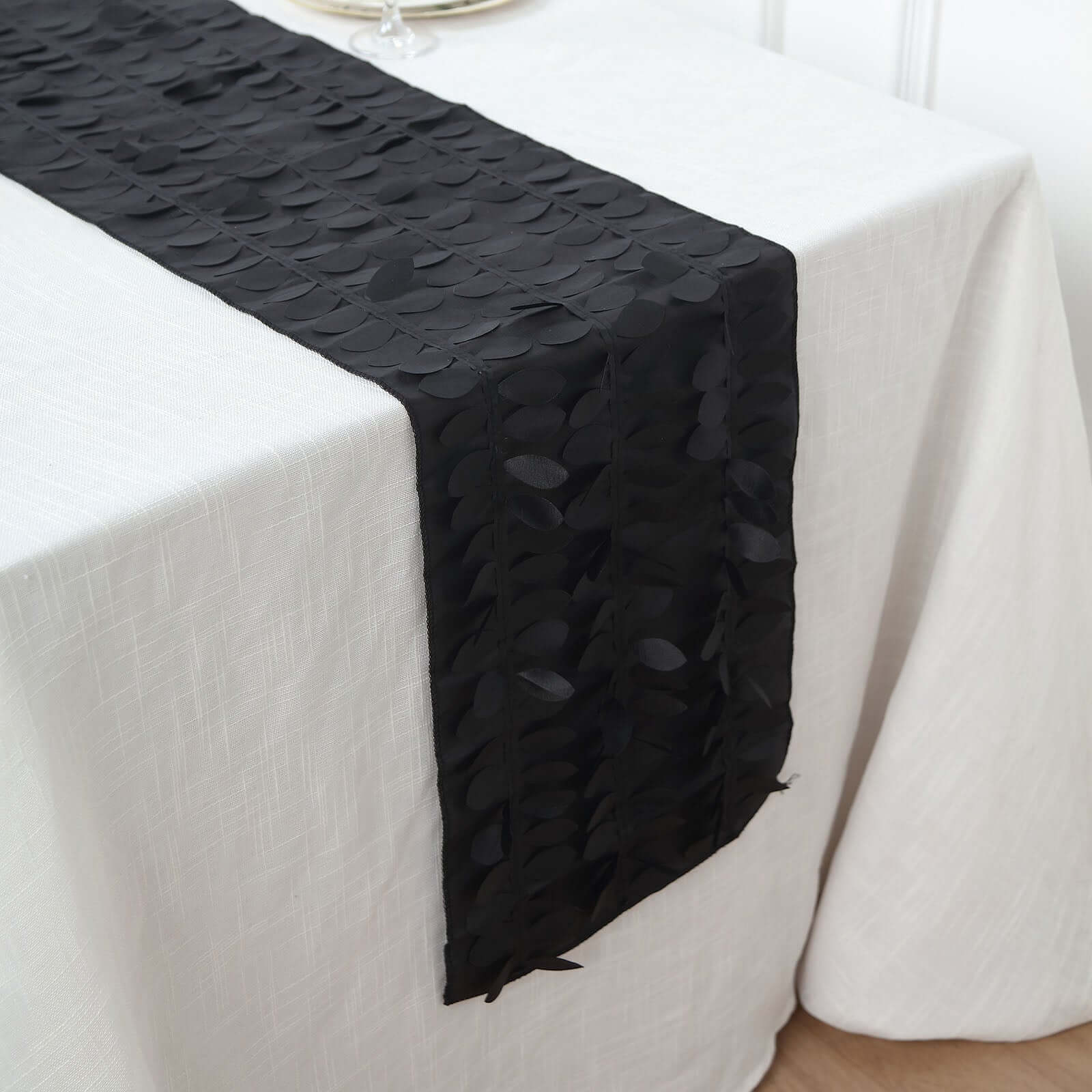 Taffeta Fabric 12"x108" Table Runner Black - 3D Leaf Petal Design