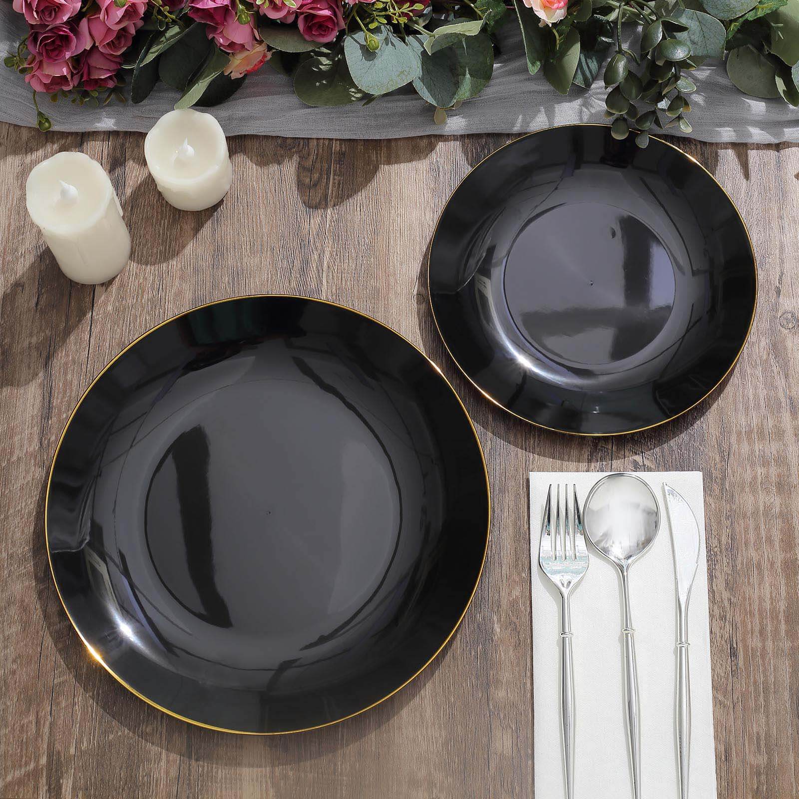 10-Pack Plastic 10" Round Dinner Plates in Black with Gold Rim - Glossy Disposable Party Plates
