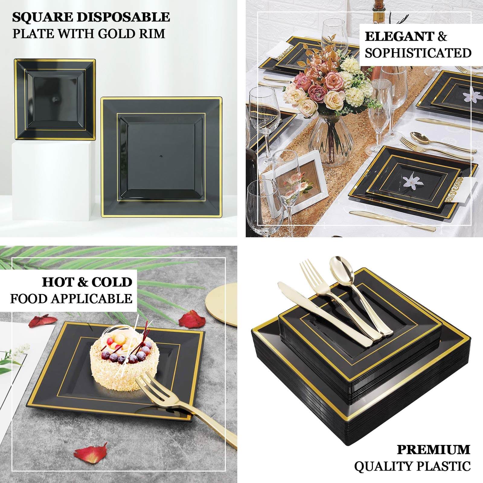 10-Pack Plastic Salad Dessert Plates Black Square with Gold Trim - Durable Disposable Appetizer Plates 7"