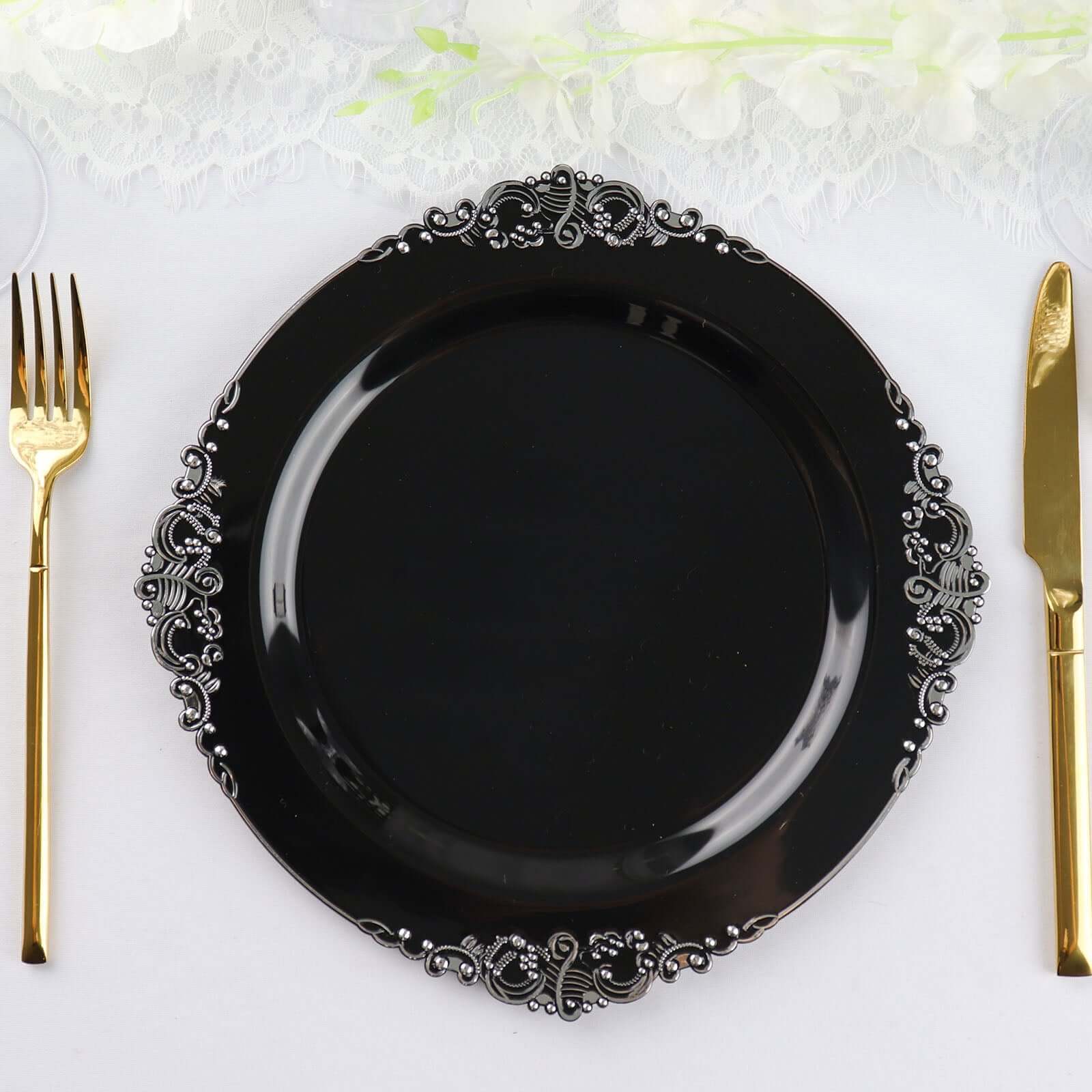 10-Pack Plastic 10" Round Dinner Plates in Black with Silver Leaf Embossed Rim - Disposable Vintage Baroque Style Plates