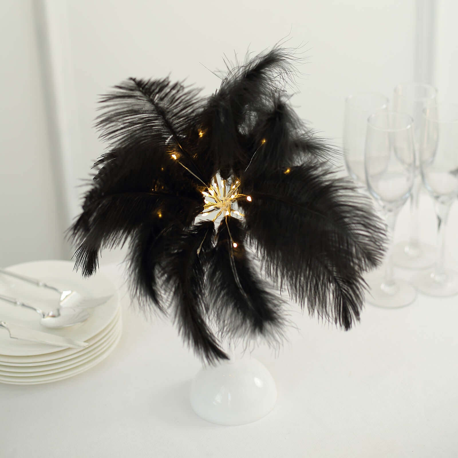 Table Lamp Ostrich Feather Design Black LED Battery Operated - Cordless Wedding Centerpiece 15"