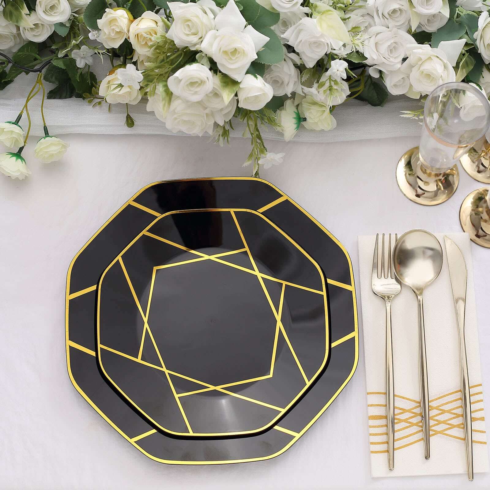 10-Pack Plastic 10" Octagon Dinner Plates in Black - Modern Disposable Party Plates with Gold Geometric Design for Special Occasions & Celebrations