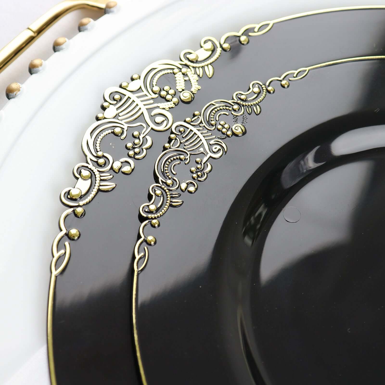 10-Pack Plastic 8" Round Dessert Plates in Black with Gold Leaf Embossed Rim - Disposable Vintage Baroque Style Salad Plates