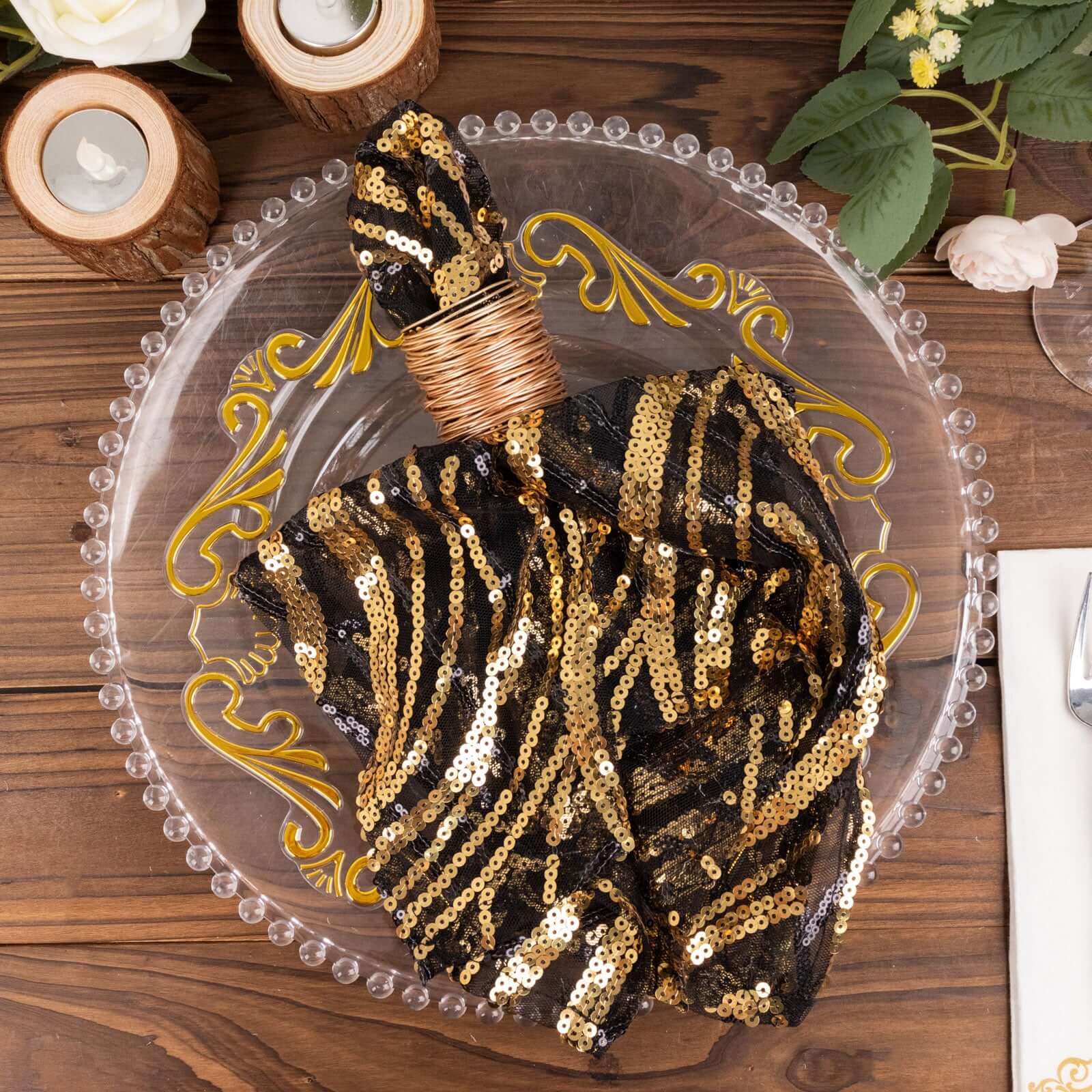 Sequin Mesh 20"x20" Napkin Black Gold - Wave Embroidered Reusable Napkin