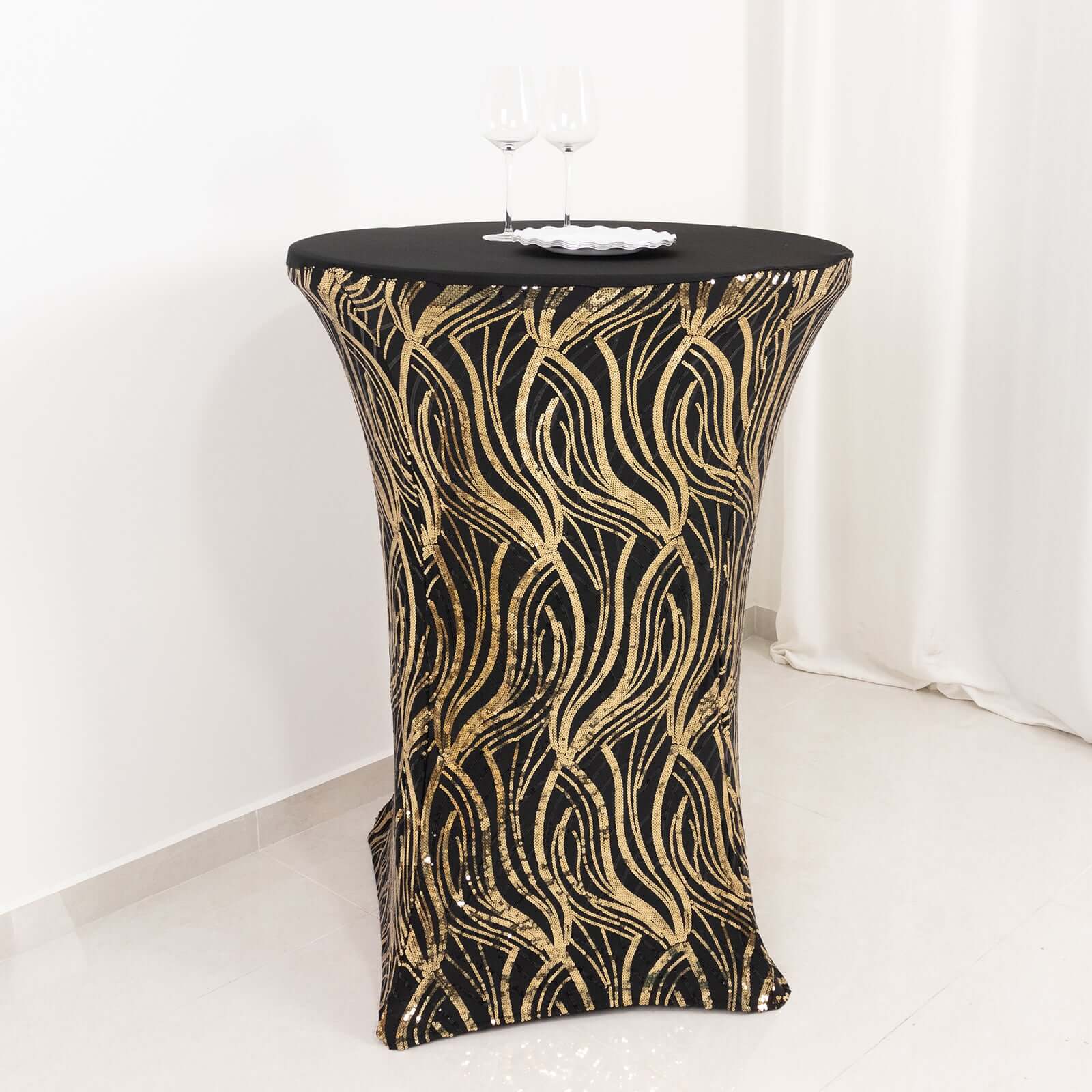 Spandex 30" Round Cocktail Table Cover Black/Gold with Wave Embroidered Sequins - Glamorous Design for Upscale Events