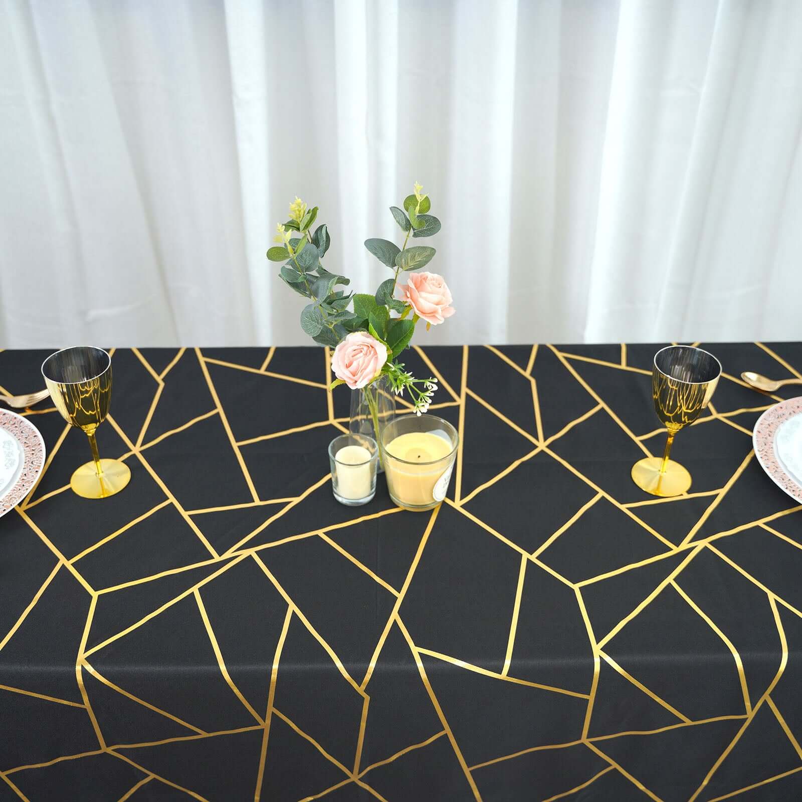 Polyester 60"x102" Rectangle Tablecloth Black with Gold Foil Geometric Pattern - Wrinkle-Resistant & Durable Table Cover
