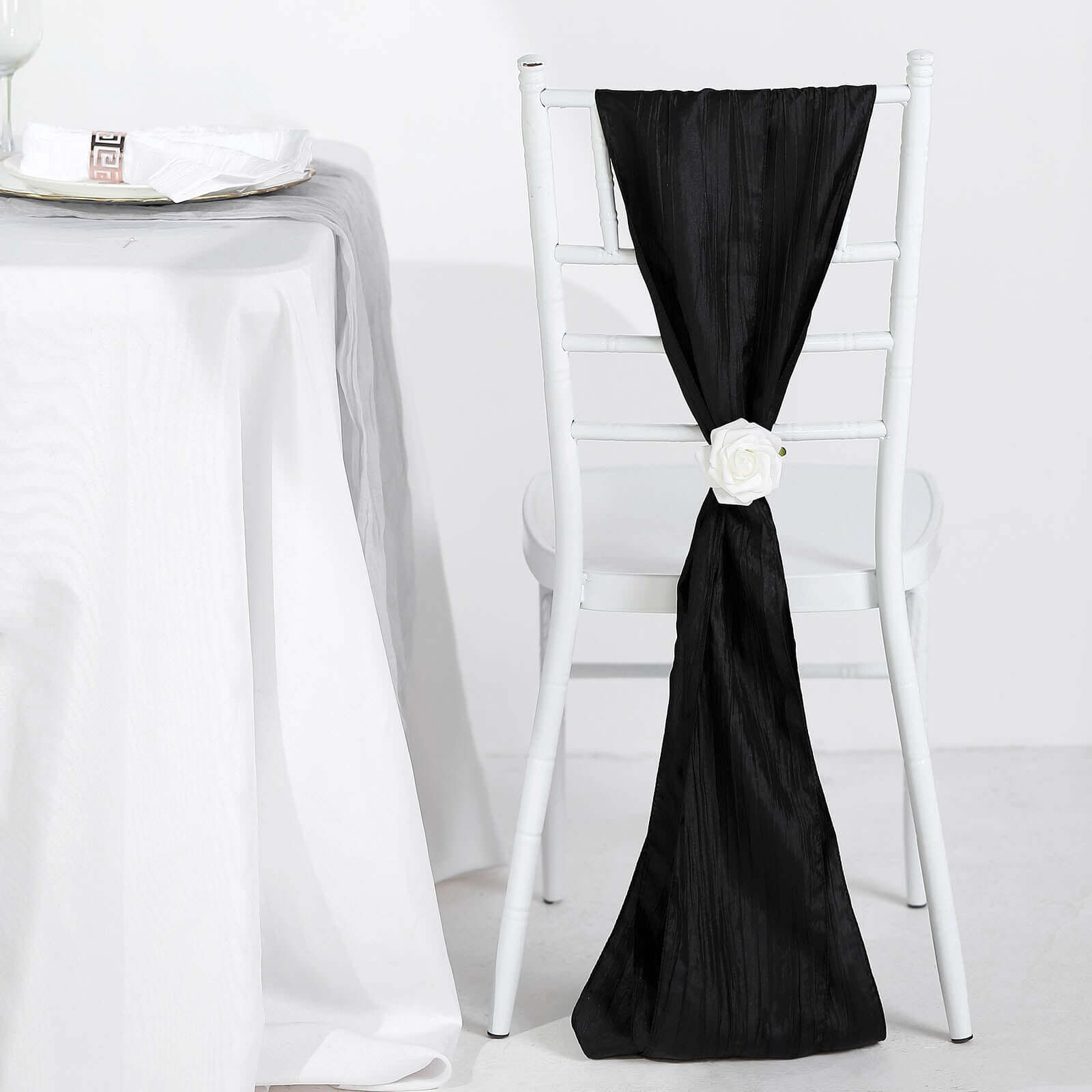 5 Pack Taffeta 6"x106" Chair Sashes Black Accordion Crinkle Texture - Stylish Decor for Weddings & Gatherings