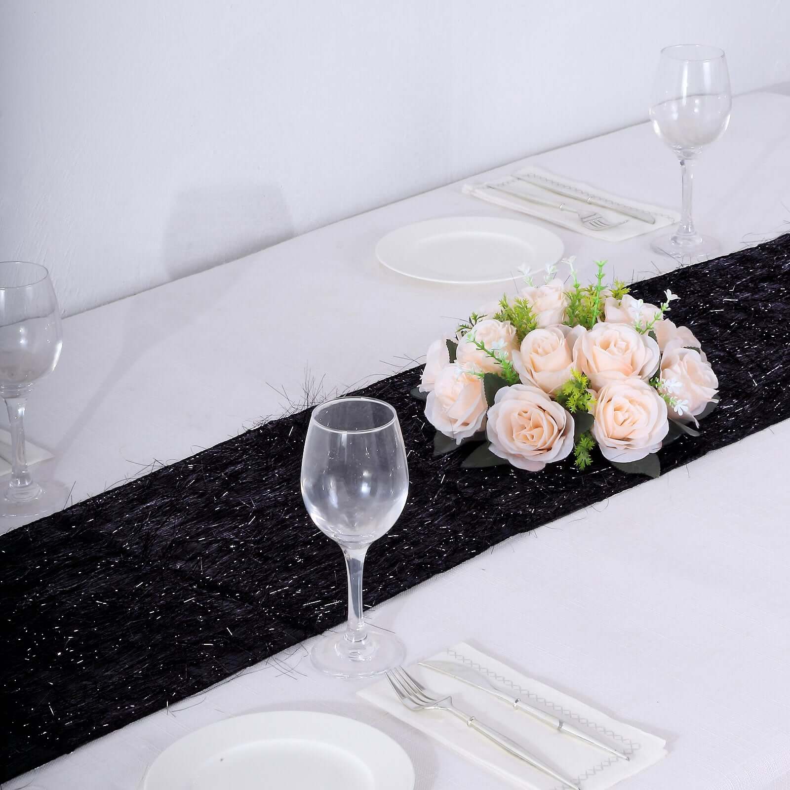 Metallic Tinsel Polyester 12"x108" Table Runner Black - Shimmery Fringe Shag Table Decor