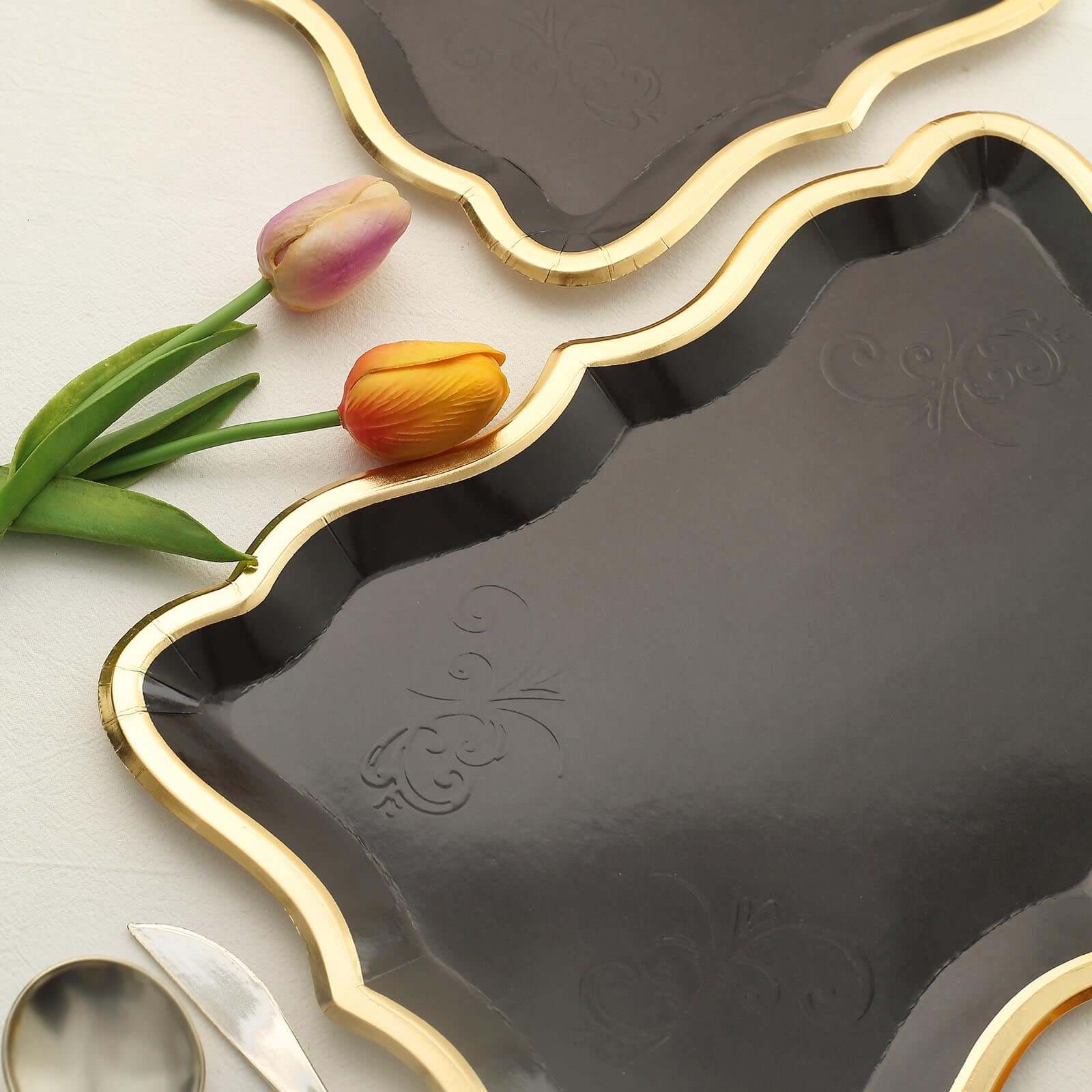 10-Pack Paper 14"x10" Rectangle Serving Trays Black - Heavy Duty Disposable 400GSM Cardboard Party Platters with Exquisite Gold Rim for Weddings & Parties