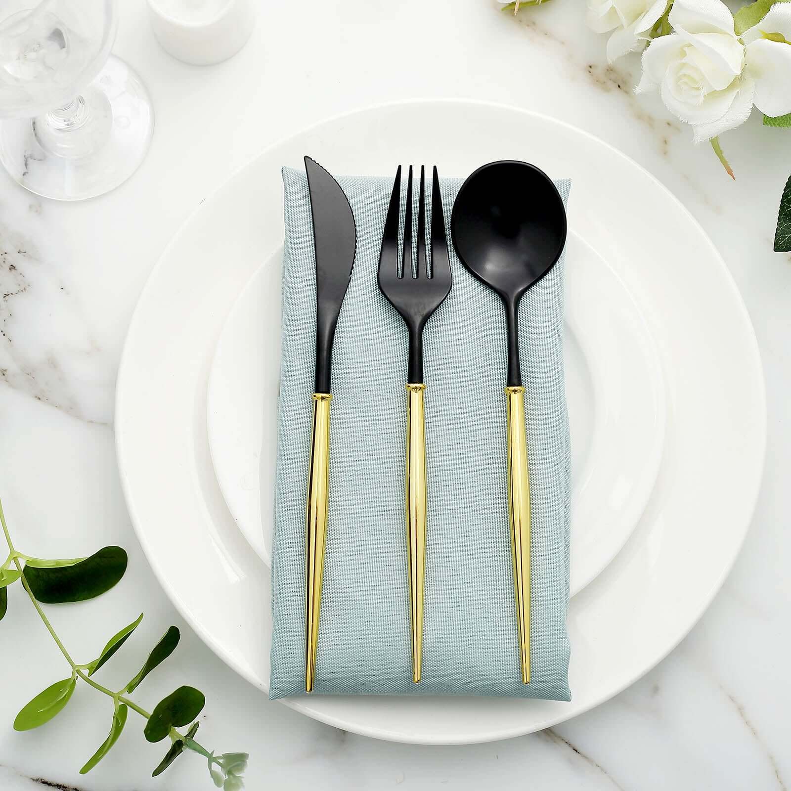 24-Pack Plastic Flatware Set in Black with Gold Handle - Heavy Duty Disposable Modern Silverware 8"