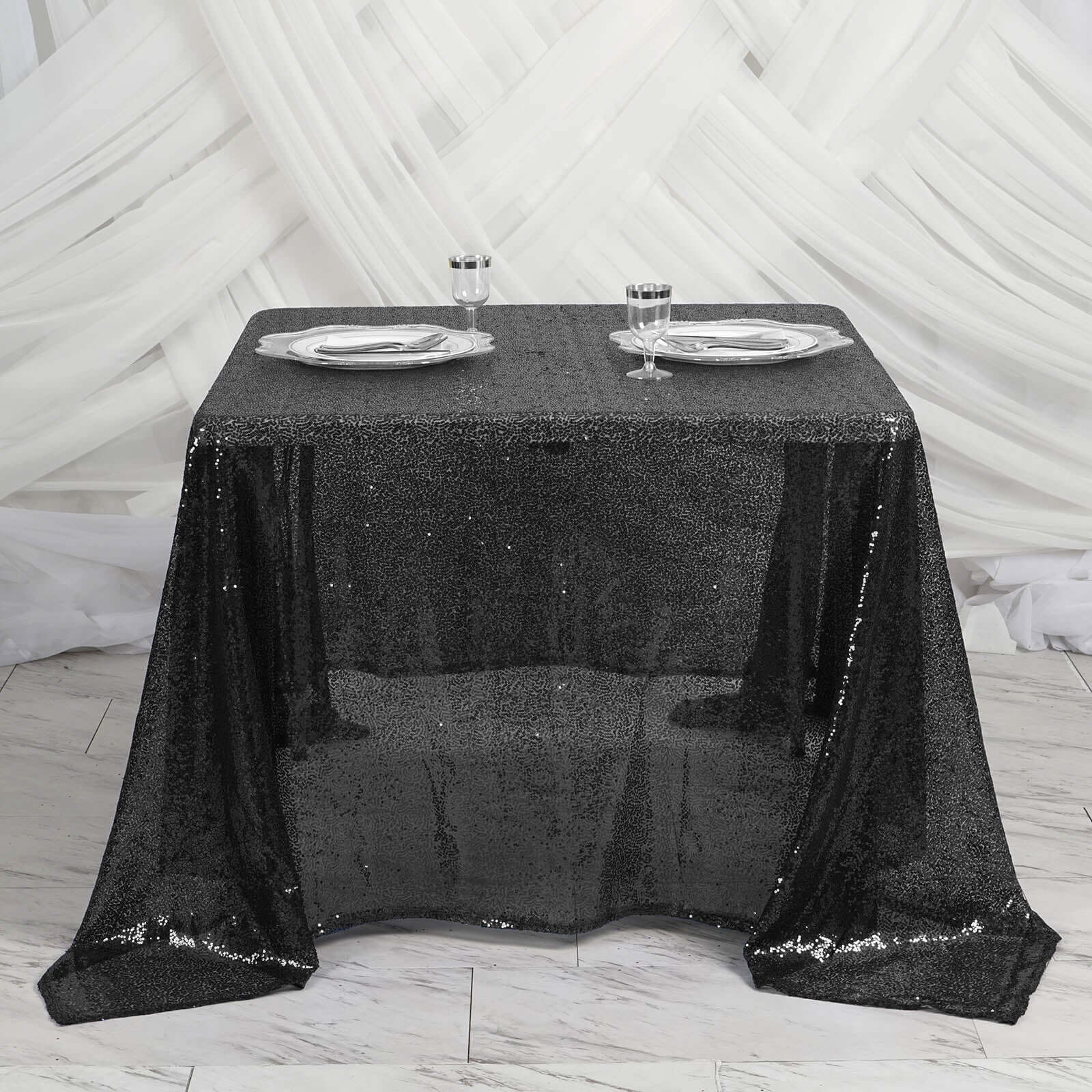 Sequin 90"x90" Table Overlay Square Tablecloth Black - Sparkly Table Cover