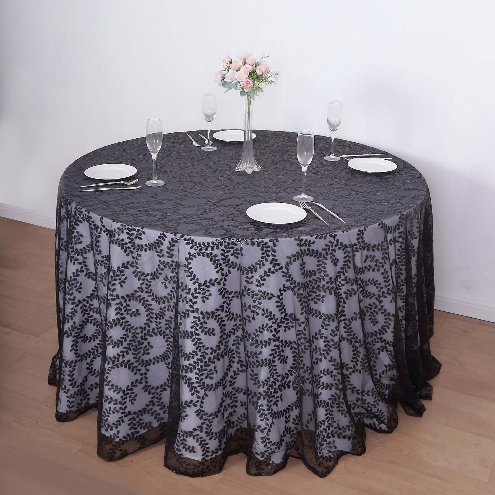 Tulle 120" Round Tablecloth Black - Seamless Sequin Leaf Embroidered Table Cover