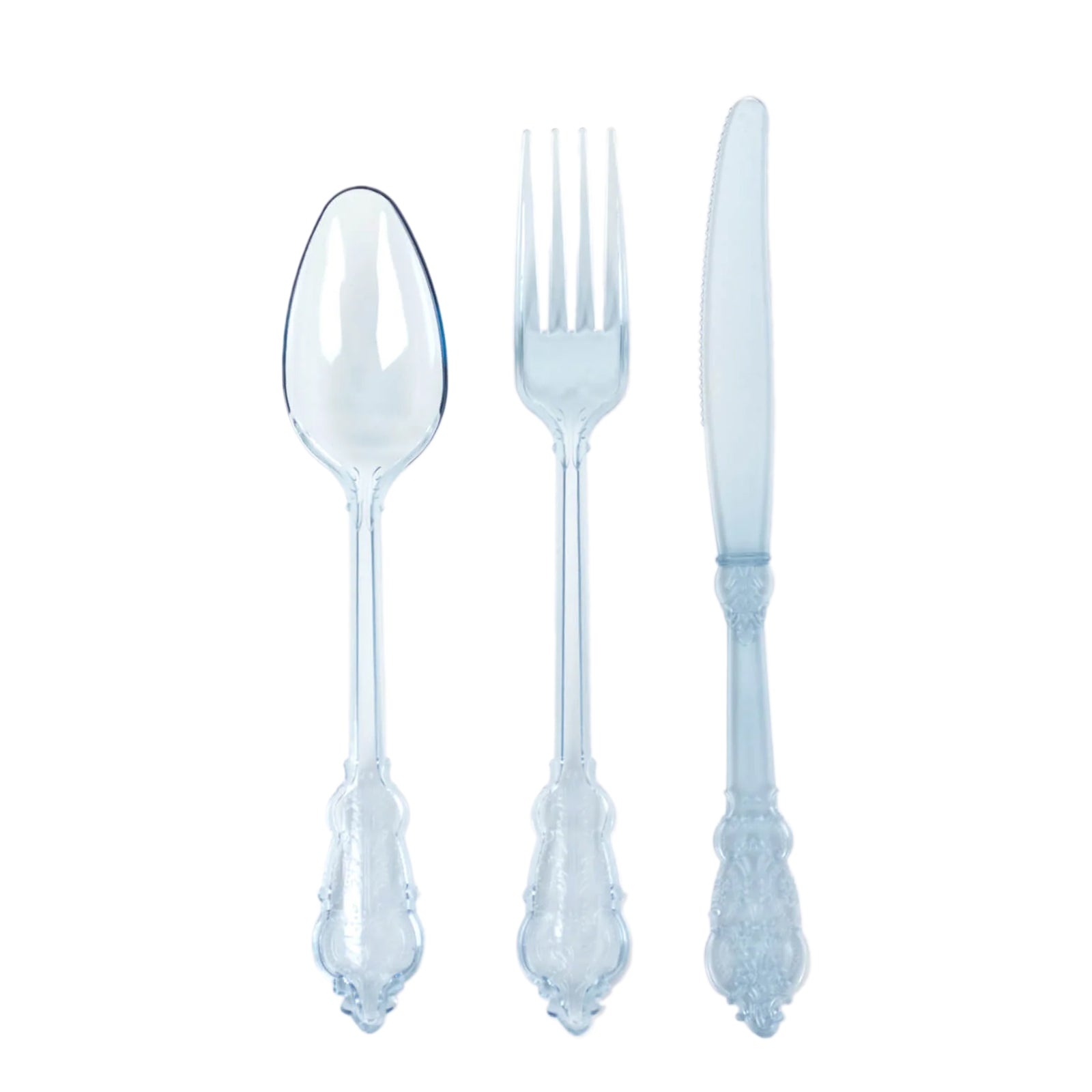 72 Pcs Plastic Silverware Set in Baroque Style Transparent Dusty Blue - Heavy Duty Disposable Knife, Fork, and Spoon Set