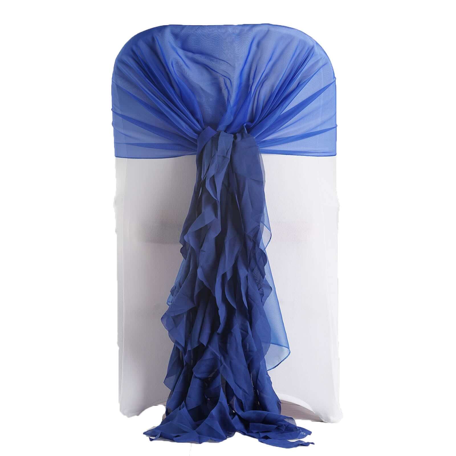 1 Set Chiffon Hoods Chair Sashes with Willow Ruffles Design Royal Blue - Stylish Chair Bow Decor
