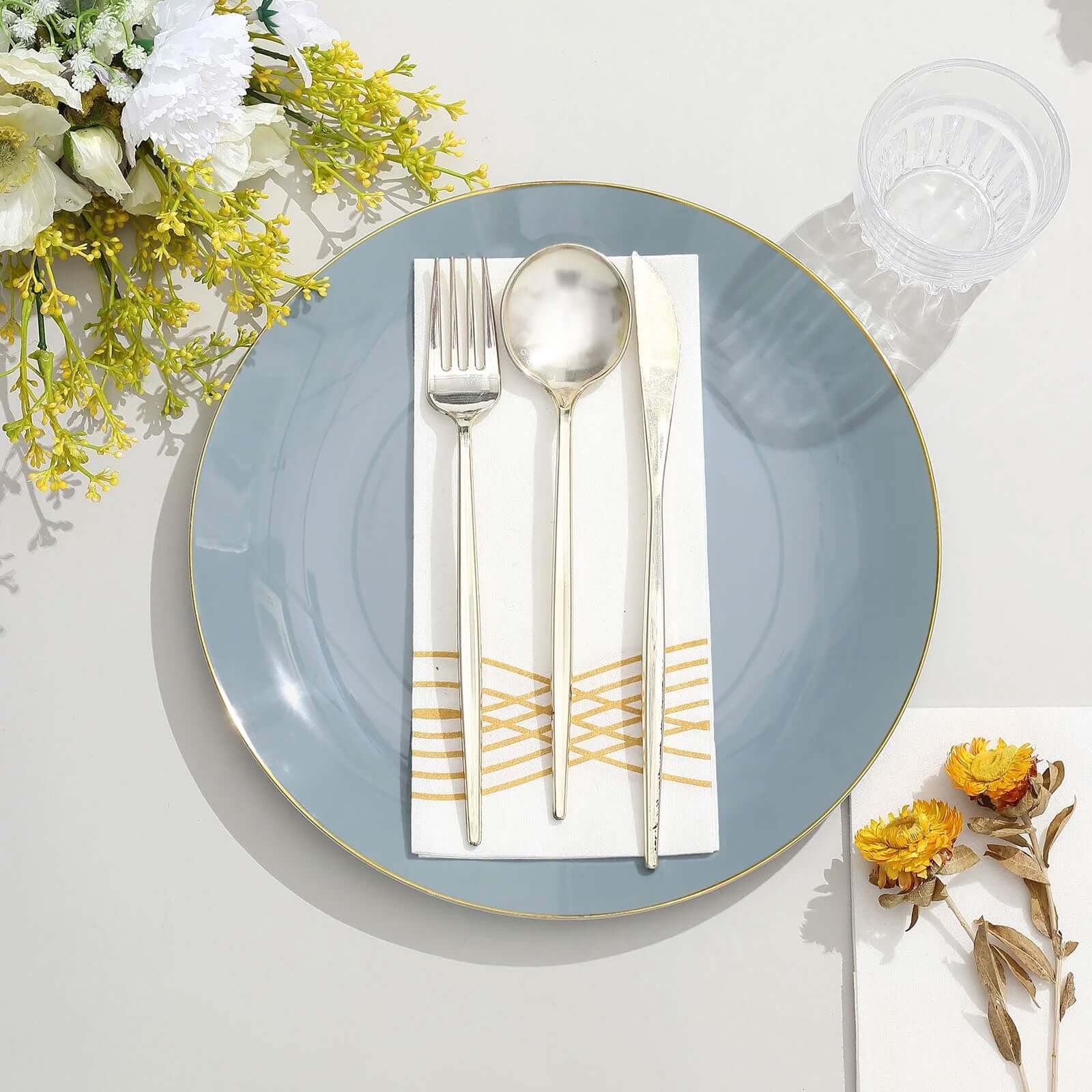 10-Pack Plastic 10" Round Dinner Plates in Dusty Blue with Gold Rim - Glossy Disposable Party Plates