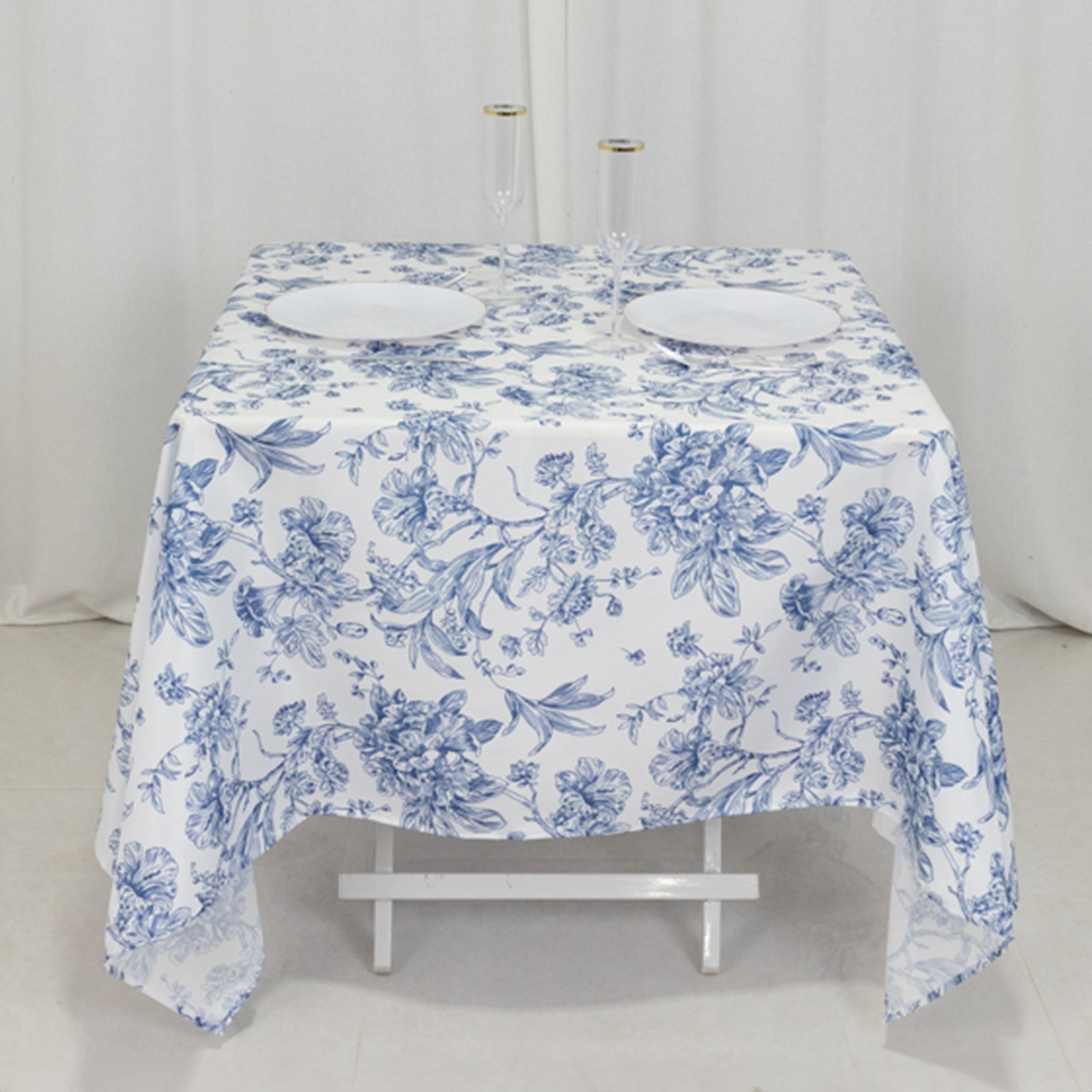 Polyester 70"x70" Square Tablecloth White - Blue French Toile Pattern for Sophisticated Settings
