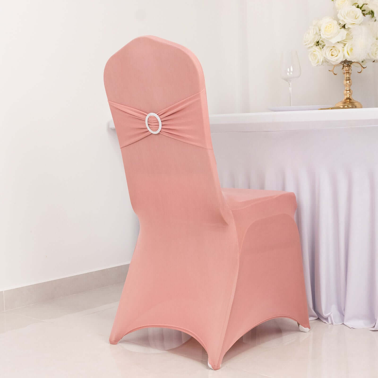 Spandex Chair Cover with Silver Rhinestone Buckled Sash Band Dusty Rose - Stretch Fitted Slipcover
