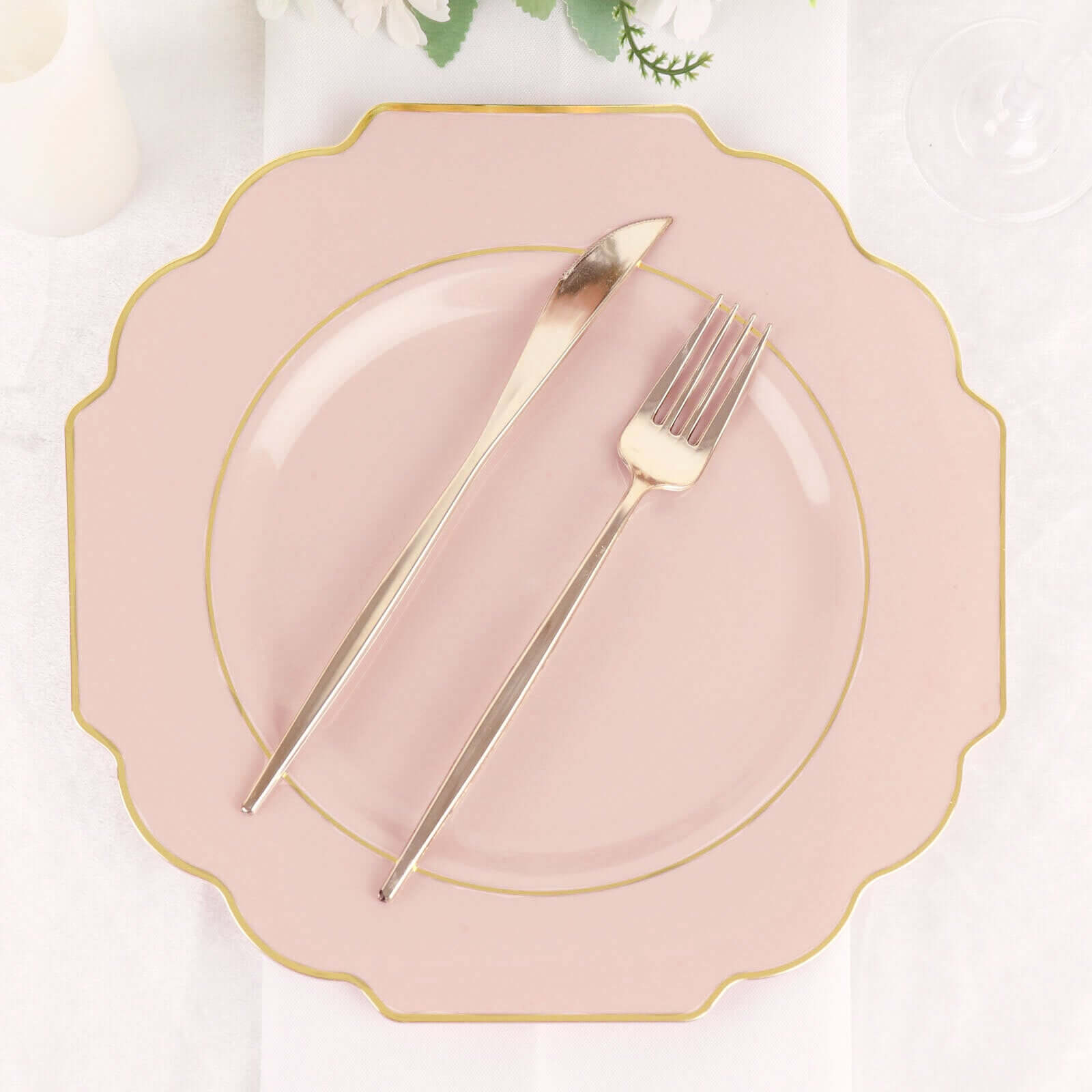 10-Pack Plastic Dinner Plates in Blush Baroque Design with Scalloped Gold Rim - Heavy Duty Disposable Party Plates 11"