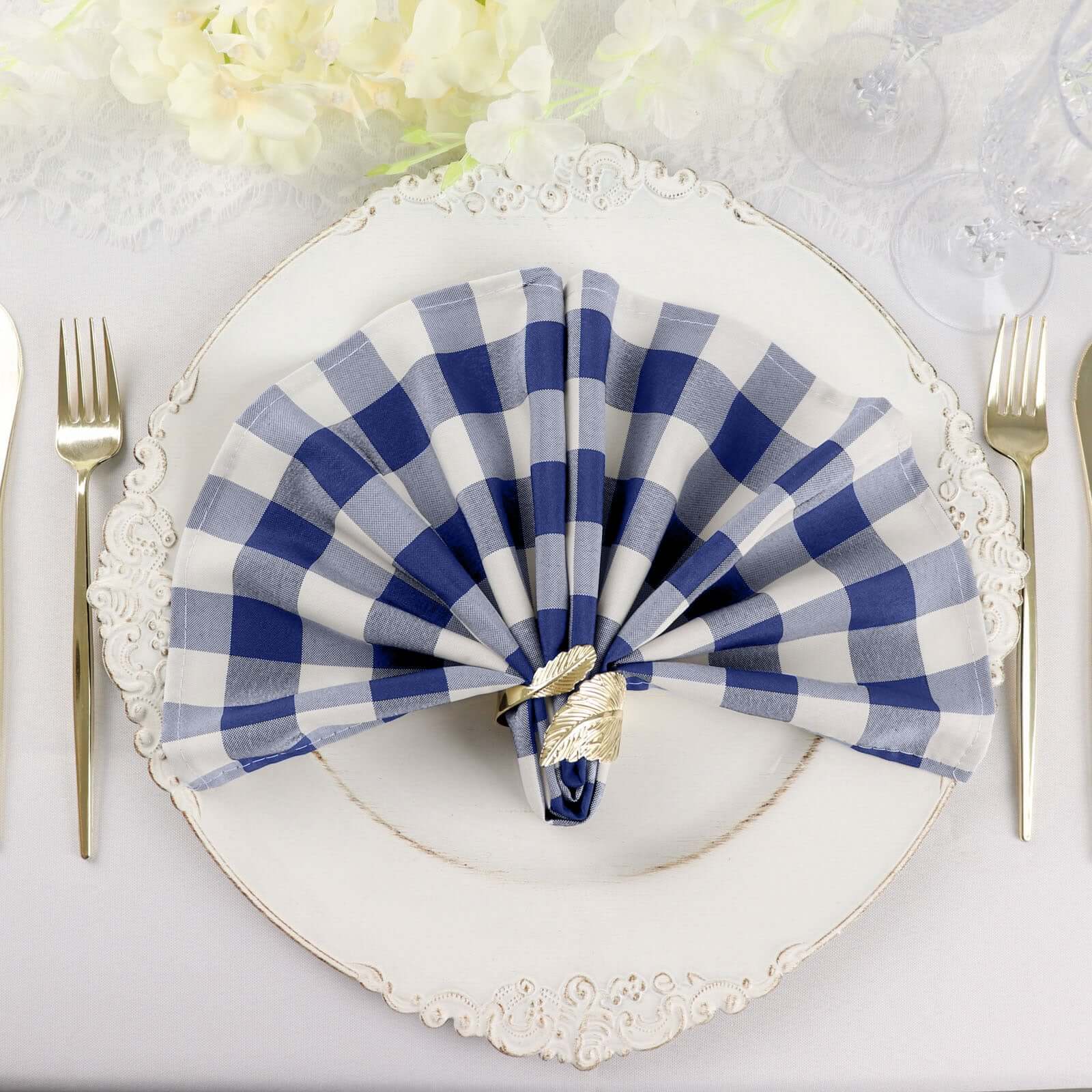 5 Pack Polyester 15"x15" Napkins Navy Blue/White Buffalo Plaid Gingham Style Cloth Napkins