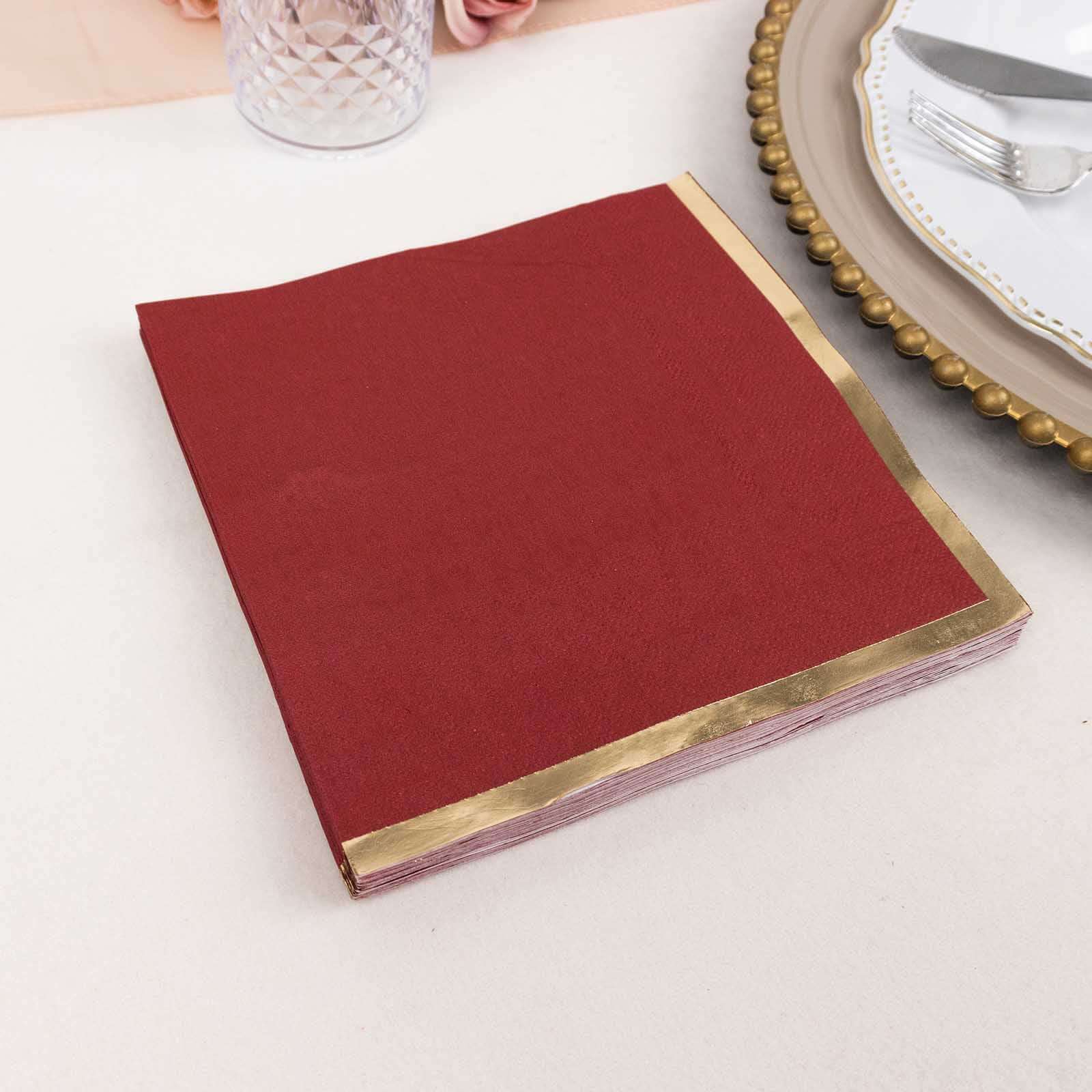 50-Pack Paper Beverage Napkins with Gold Foil Edge Burgundy - Disposable 2 Ply Cocktail Napkins for Events 6.5"x6.5"