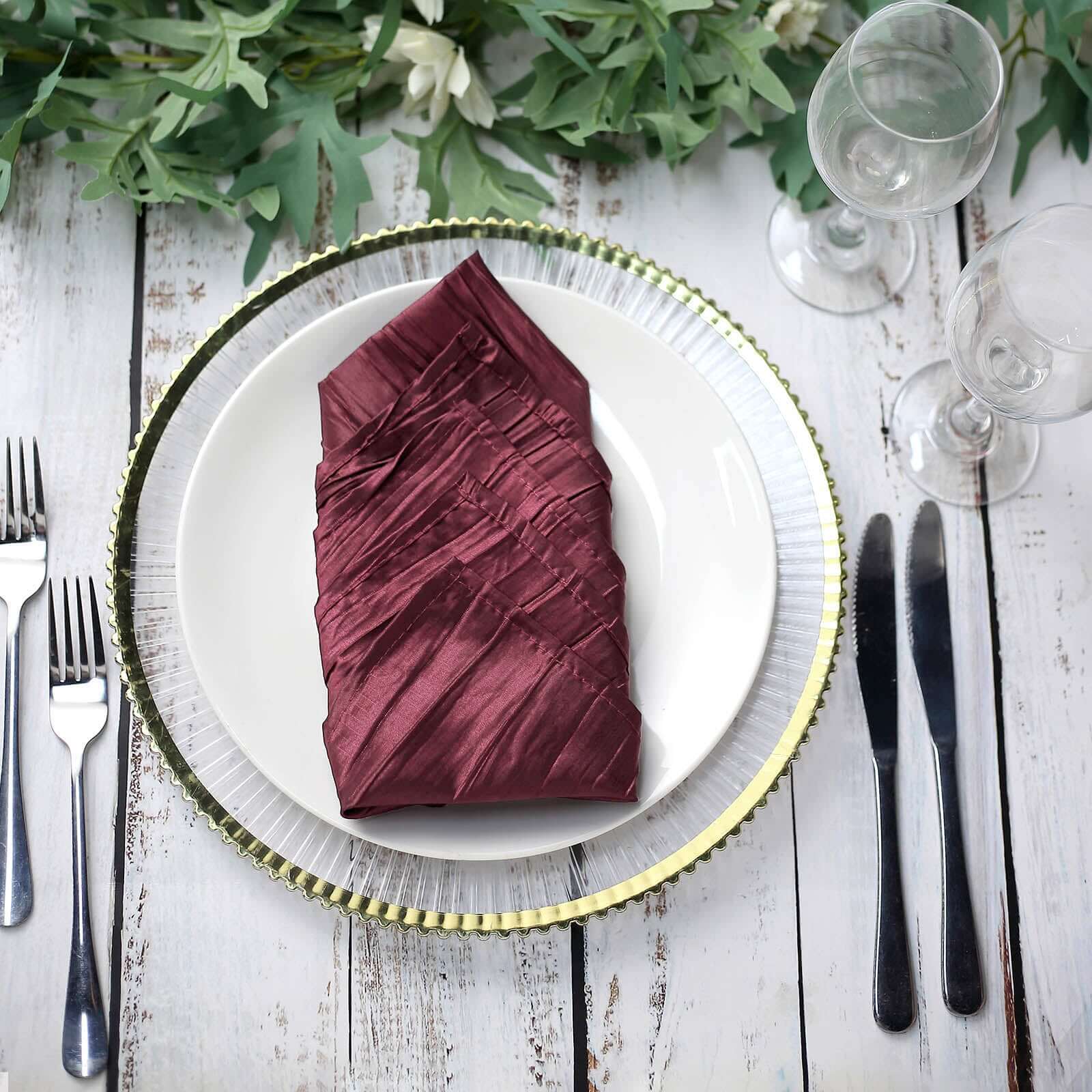 5 Pack Taffeta 20"x20" Napkins Burgundy - Accordion Crinkle Dinner Napkins